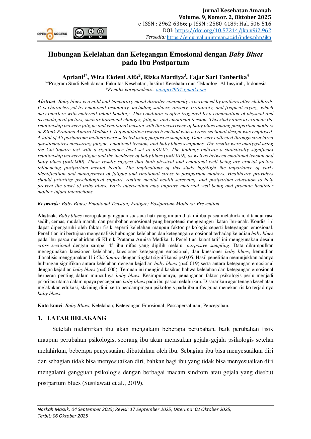 JURIS Hubungan Kelelahan dan Ketegangan Emosional dengan Baby Blues pada Ibu Postpartum