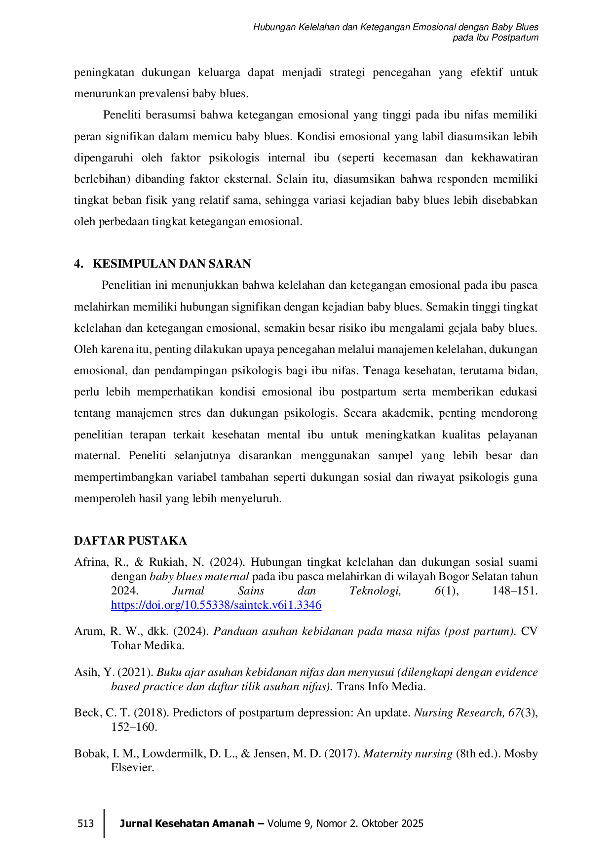 JURIS Hubungan Kelelahan dan Ketegangan Emosional dengan Baby Blues pada Ibu Postpartum