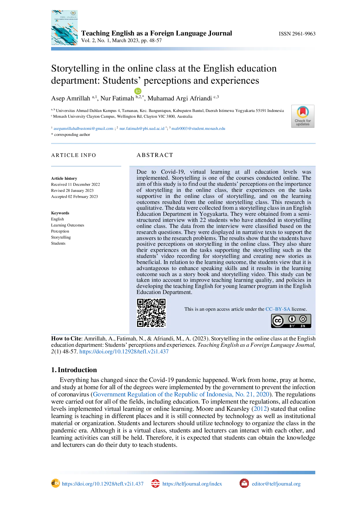 JURIS Students perceptions of storytelling online class at the English Education Department