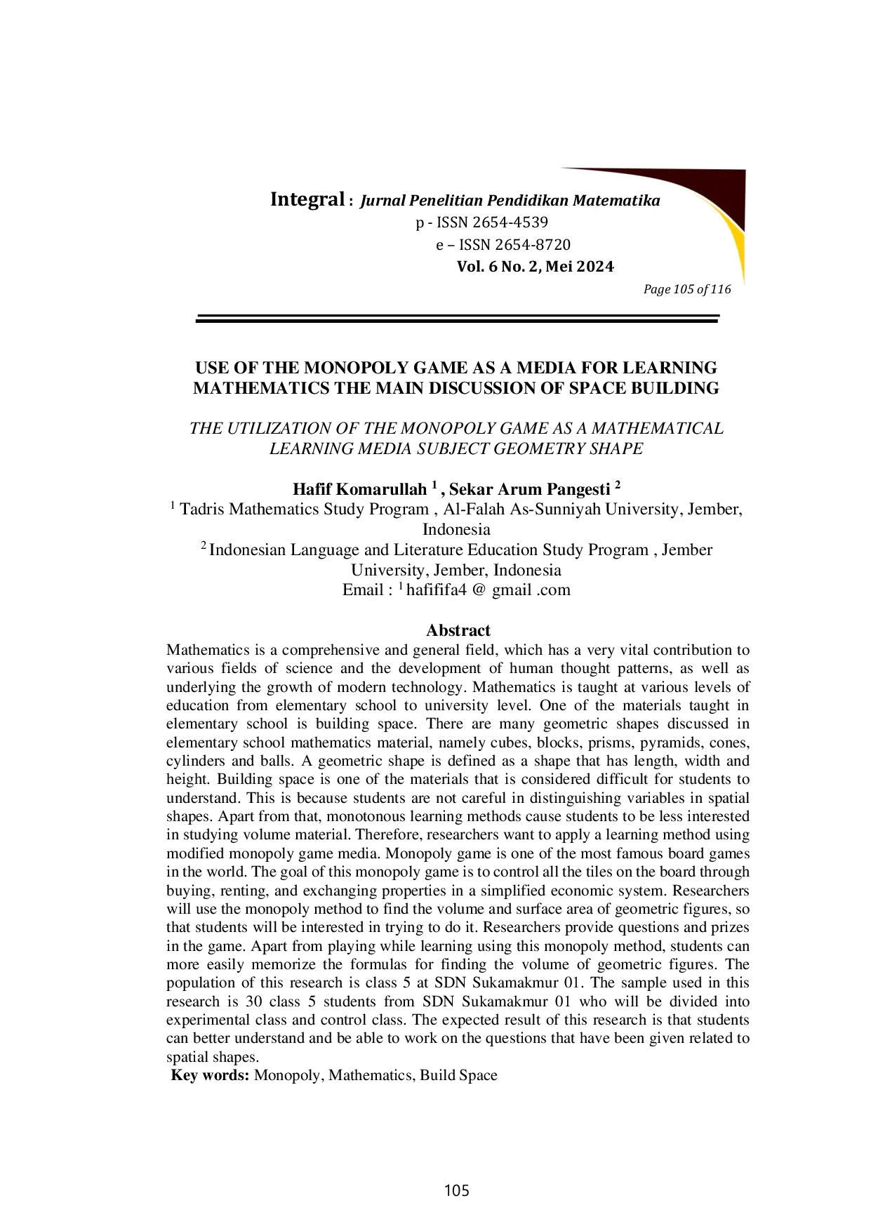 JURIS USE OF THE MONOPOLY GAME AS A MEDIA FOR LEARNING MATHEMATICS THE MAIN DISCUSSION OF SPACE BUILDING