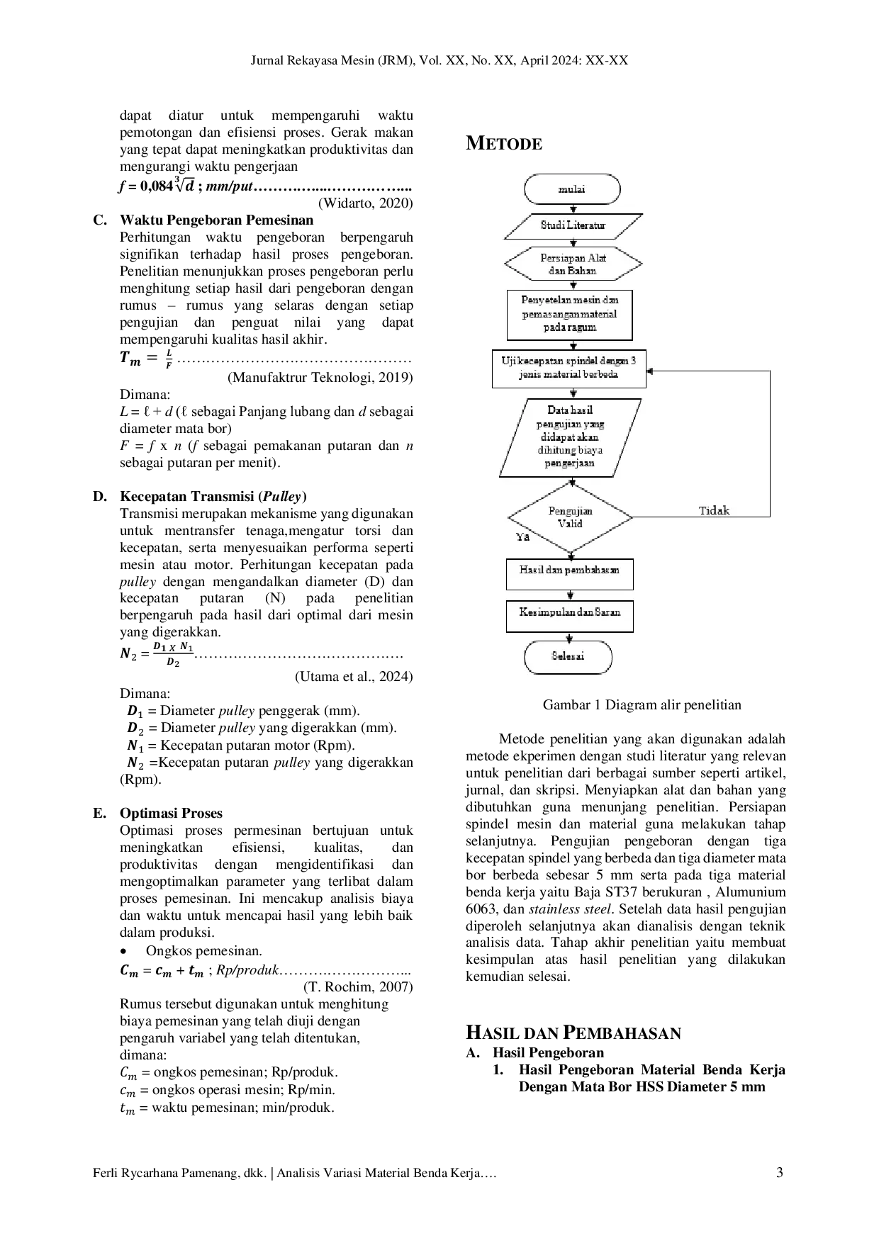 JURIS Analisis Biaya Pemesinan Dalam Proses Pengeboran Menggunakan Mata Bor HSS Dan Variasi Material Benda Kerja