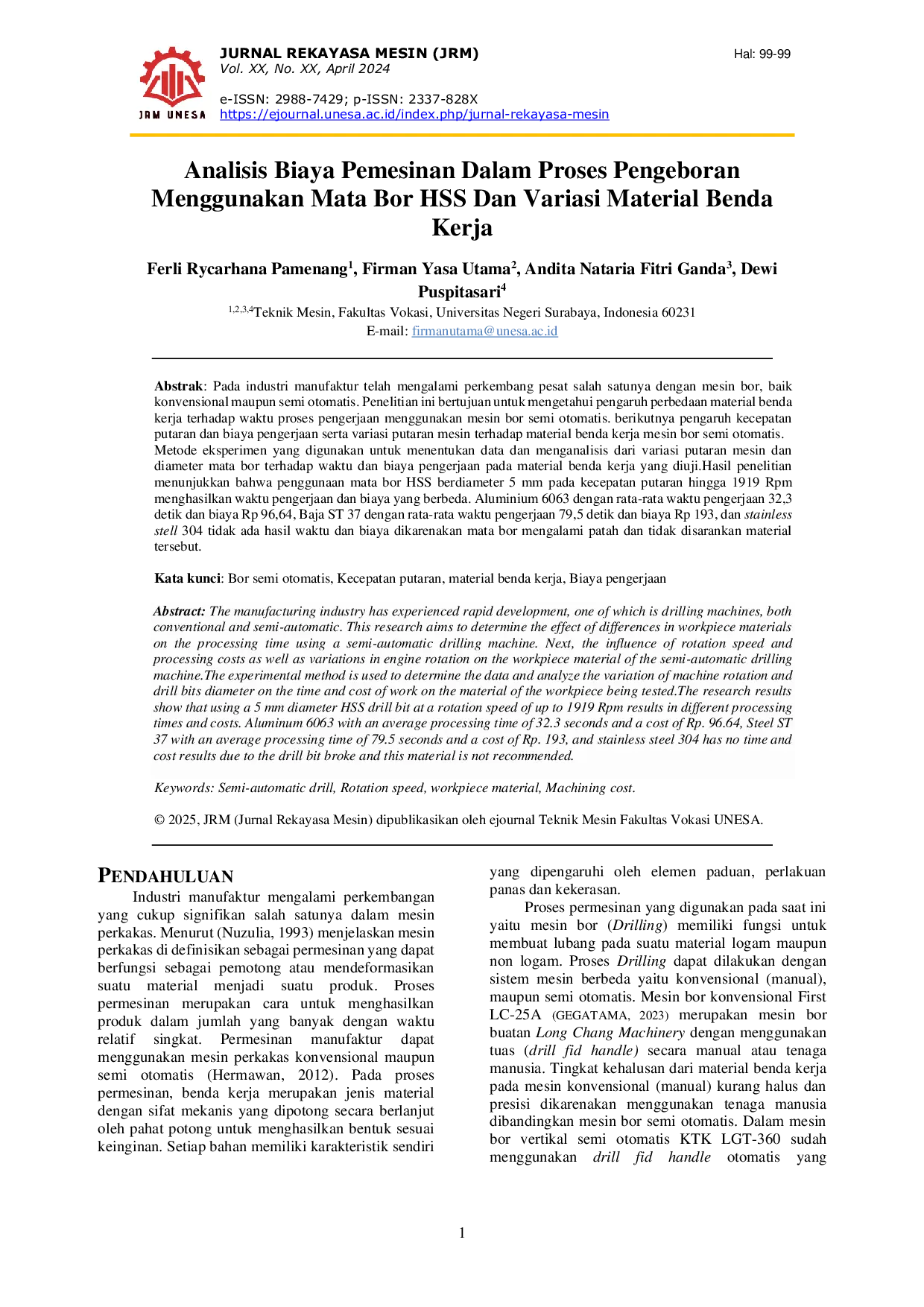 JURIS Analisis Biaya Pemesinan Dalam Proses Pengeboran Menggunakan Mata Bor HSS Dan Variasi Material Benda Kerja