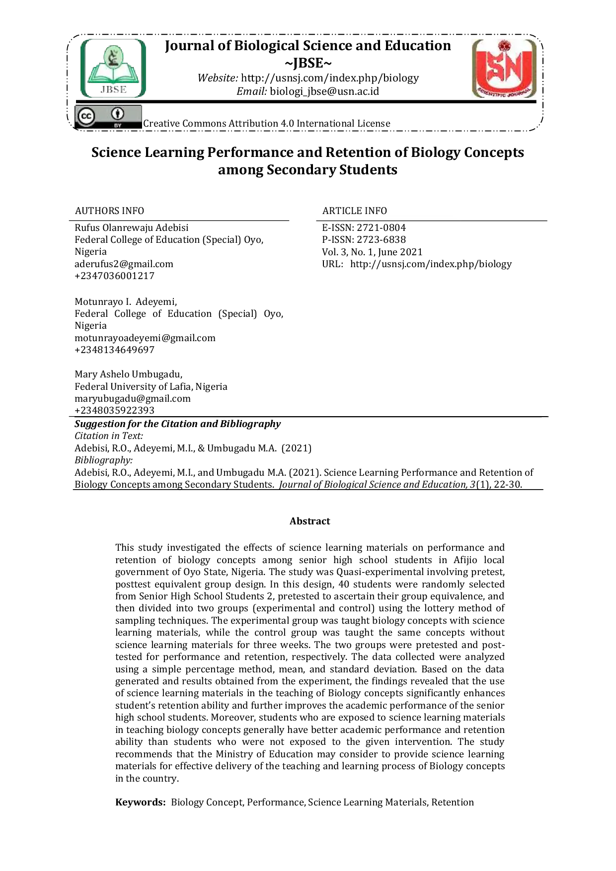 JURIS Science Learning Performance and Retention of Biology Concepts among Secondary Students