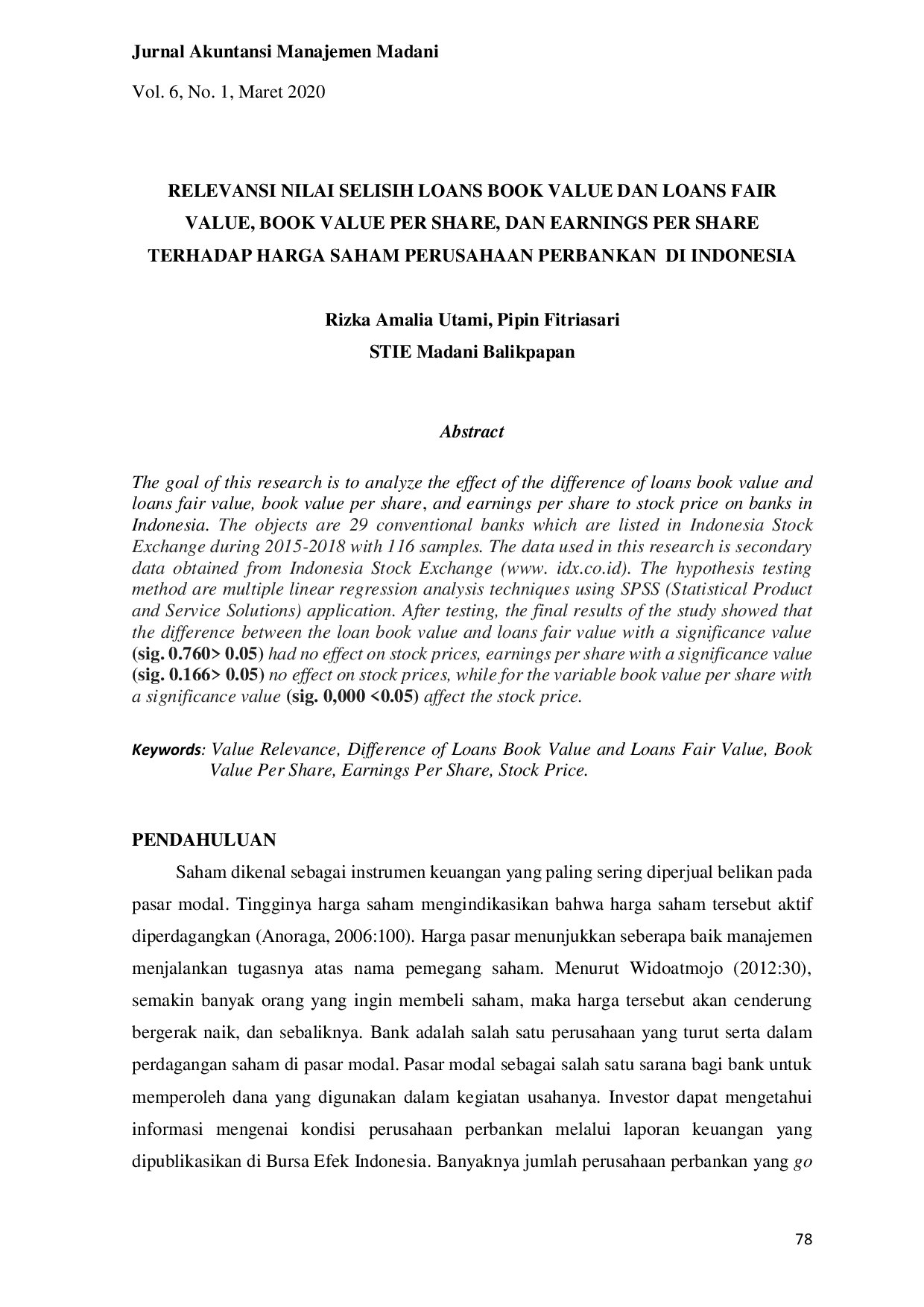 JURIS Relevansi Nilai Selisih Loans Book Value dan Loans Fair Value Book Value Per Share dan Earnings Per Share Terhadap Harga Saham Perusahaan Perbankan di Indonesia