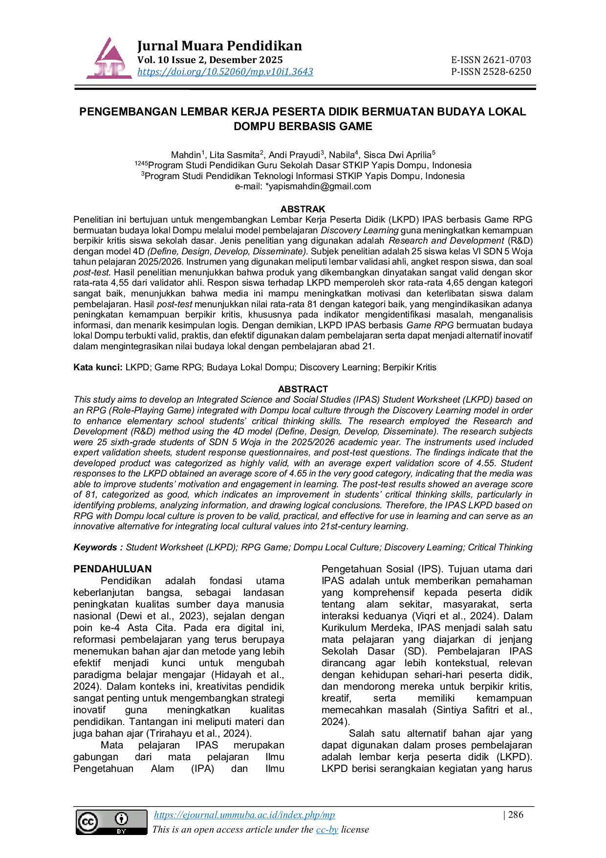 JURIS Pengembangan Lembar Kerja Peserta Didik Bermuatan Budaya Lokal Dompu Berbasis Game