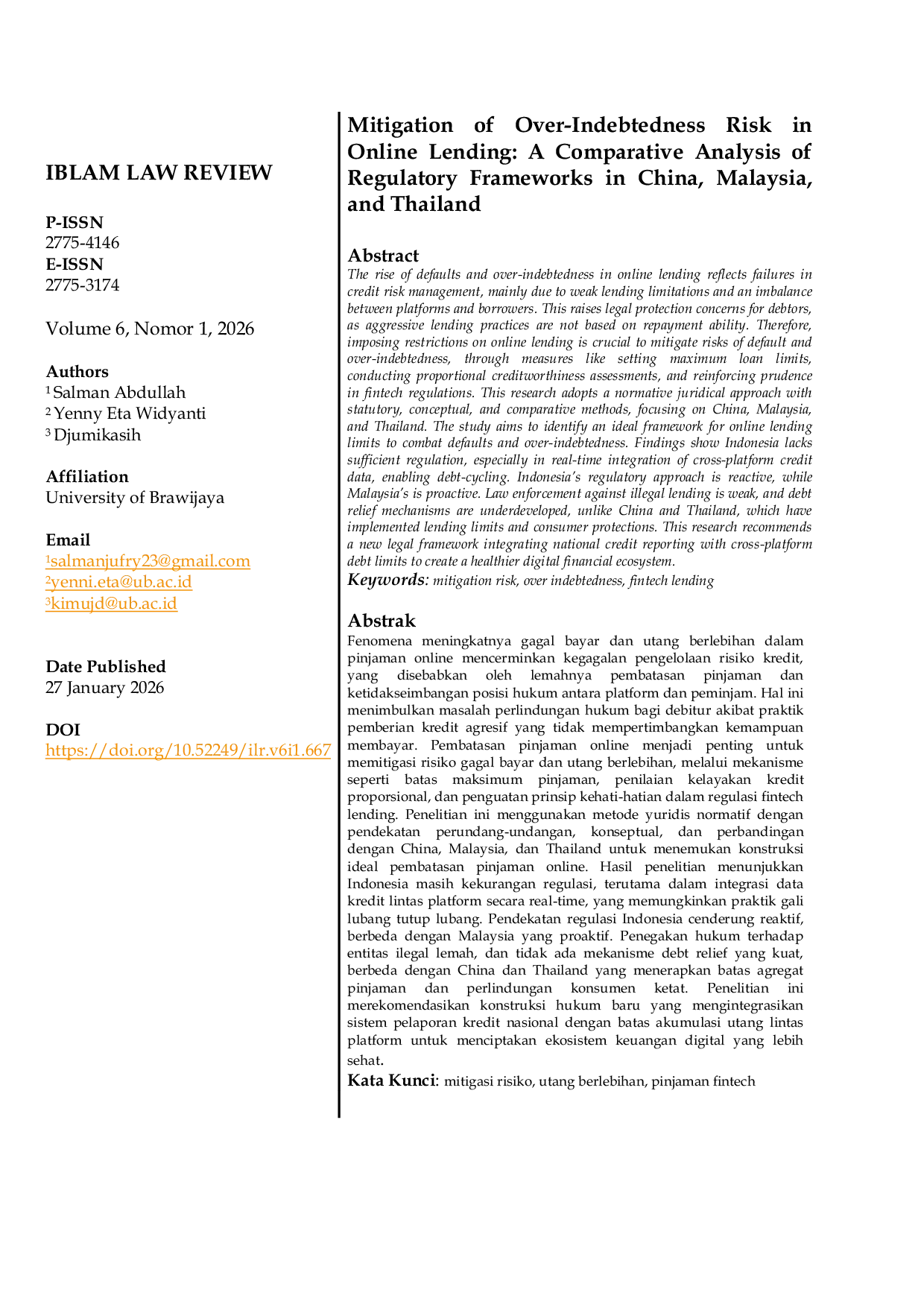 JURIS Mitigation of Over Indebtedness Risk in Online Lending A Comparative Analysis of Regulatory Frameworks in China Malaysia and Thailand