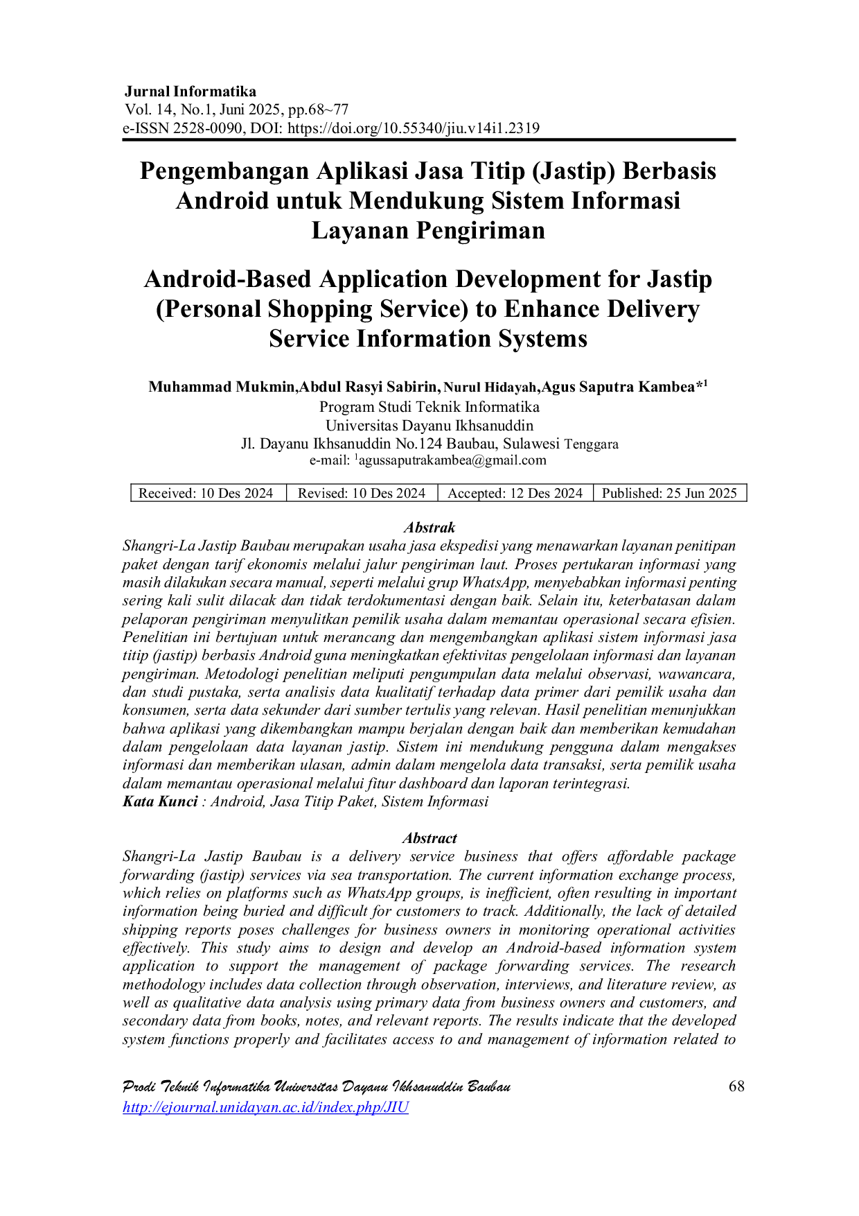 JURIS Pengembangan Aplikasi Jasa Titip Jastip Berbasis Android untuk Mendukung Sistem Informasi Layanan Pengiriman