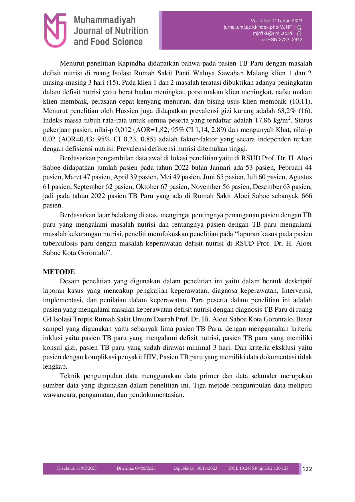 JURIS Laporan Kasus Pada Pasien Tuberkulosis Paru dengan Masalah Keperawatan Defisit Nutrisi di RSUD Prof Dr H Aloei Saboe Kota Gorontalo
