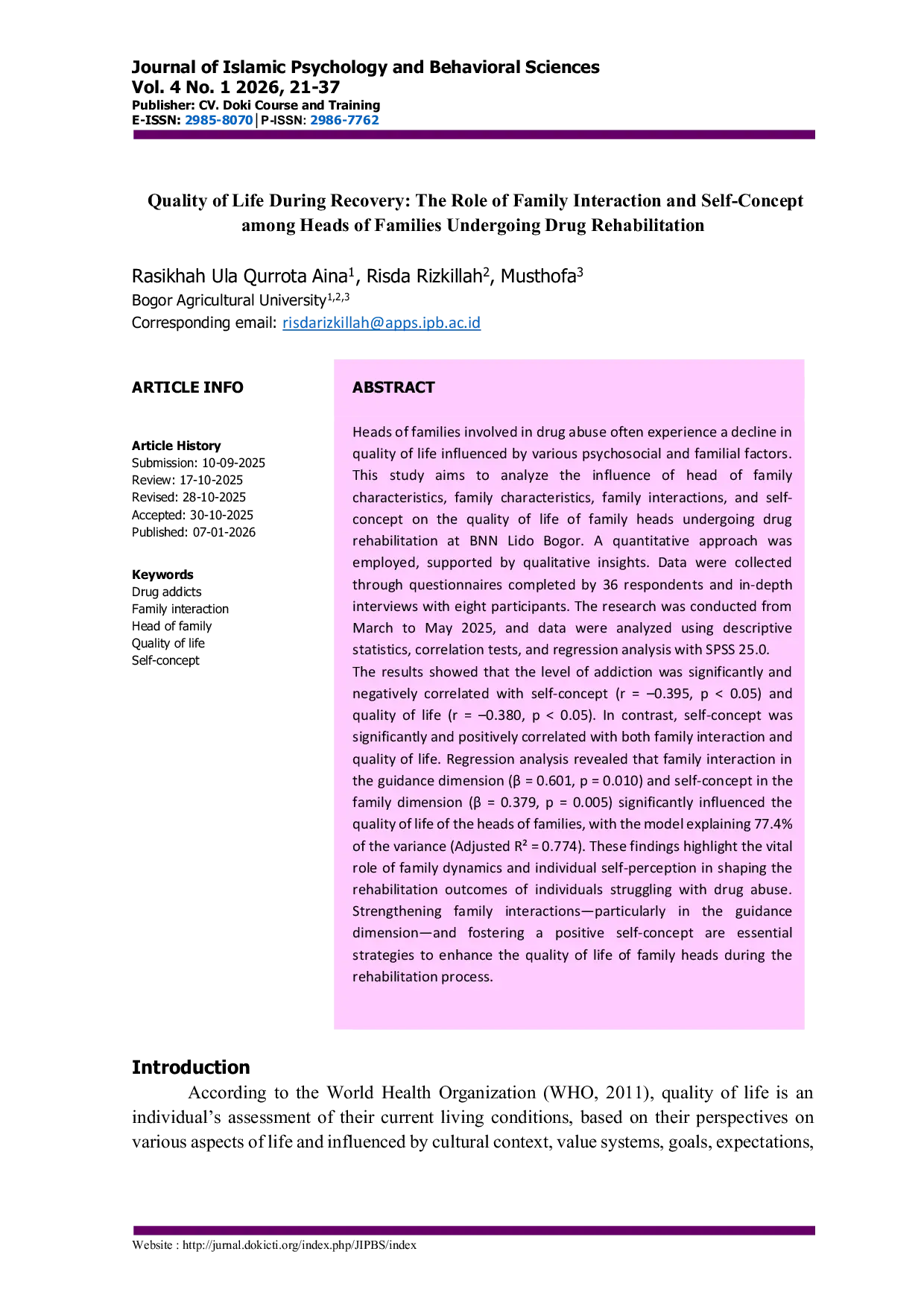 JURIS Quality of Life During Recovery The Role of Family Interaction and Self Concept among Heads of Families Undergoing Drug Rehabilitation