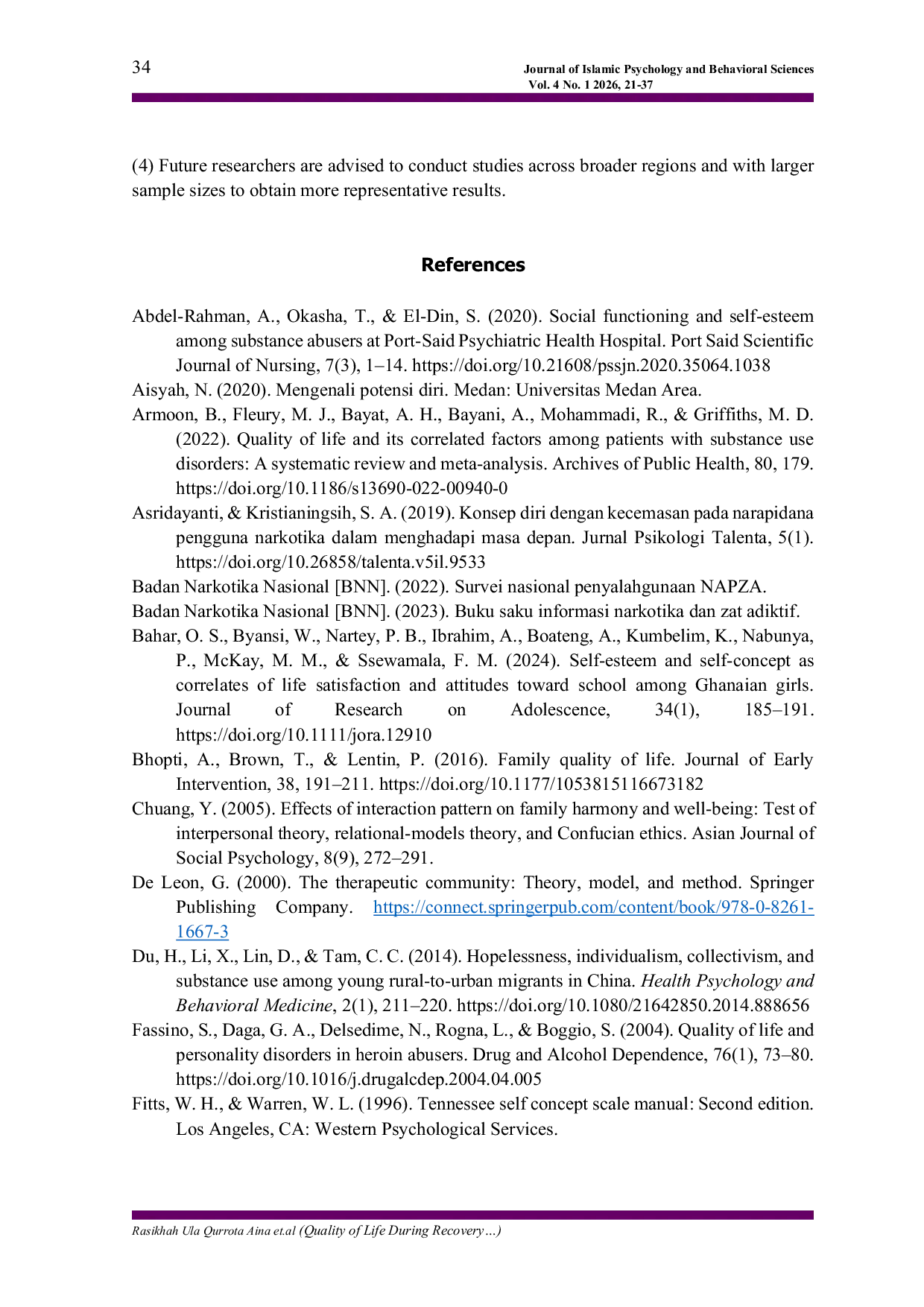 JURIS Quality of Life During Recovery The Role of Family Interaction and Self Concept among Heads of Families Undergoing Drug Rehabilitation
