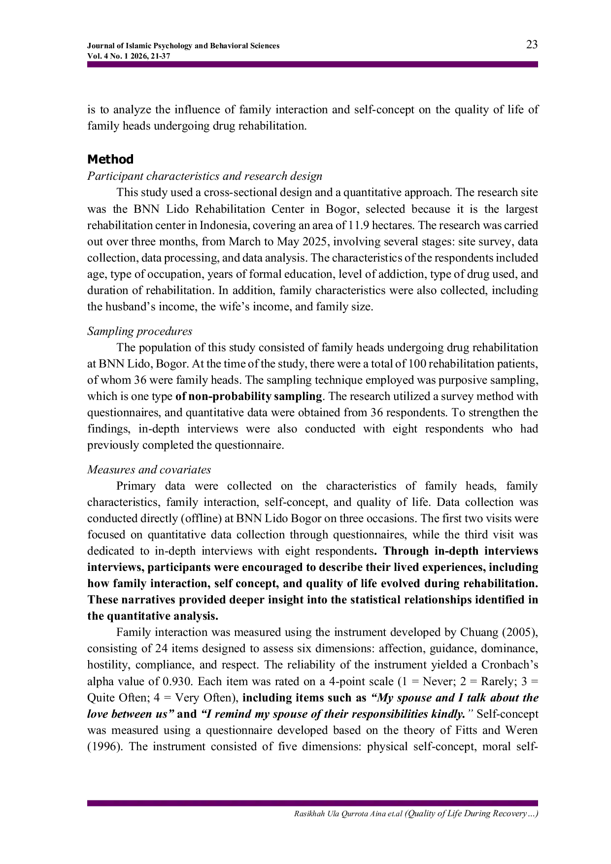 JURIS Quality of Life During Recovery The Role of Family Interaction and Self Concept among Heads of Families Undergoing Drug Rehabilitation