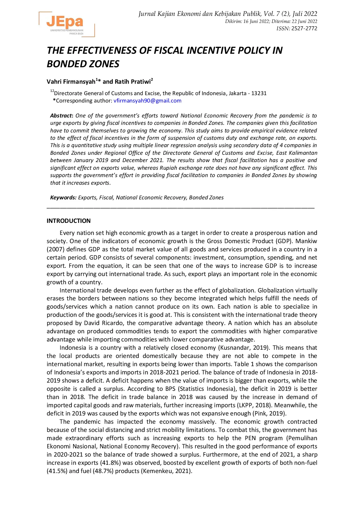 JURIS The Effectiveness of Fiscal Incentive Policy in Bonded Zones