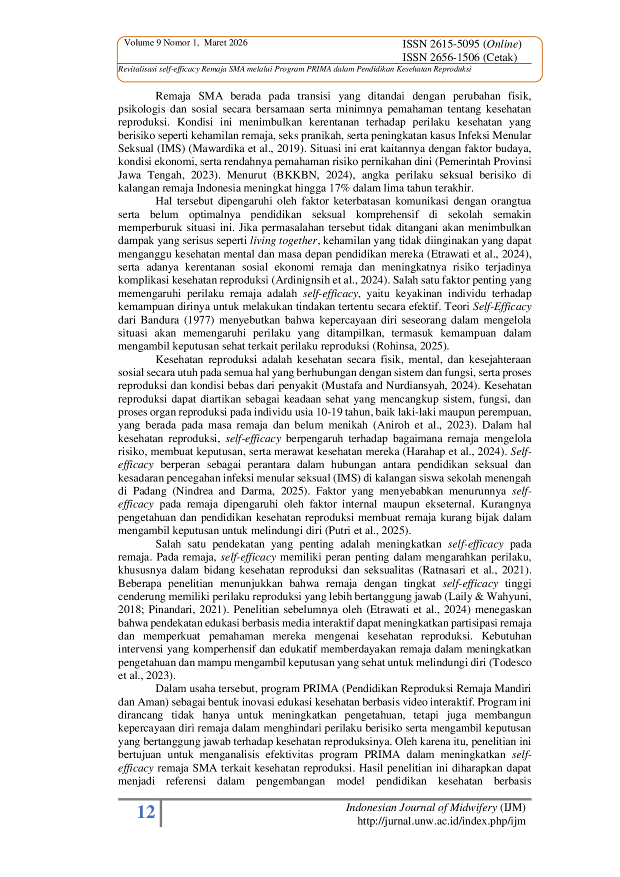 JURIS Revitalisasi self efficacy Remaja SMA melalui Program PRIMA dalam Pendidikan Kesehatan Reproduksi Revitalizing Senior High School Students Self Efficacy through the PRIMA Program in Reproductive Hea