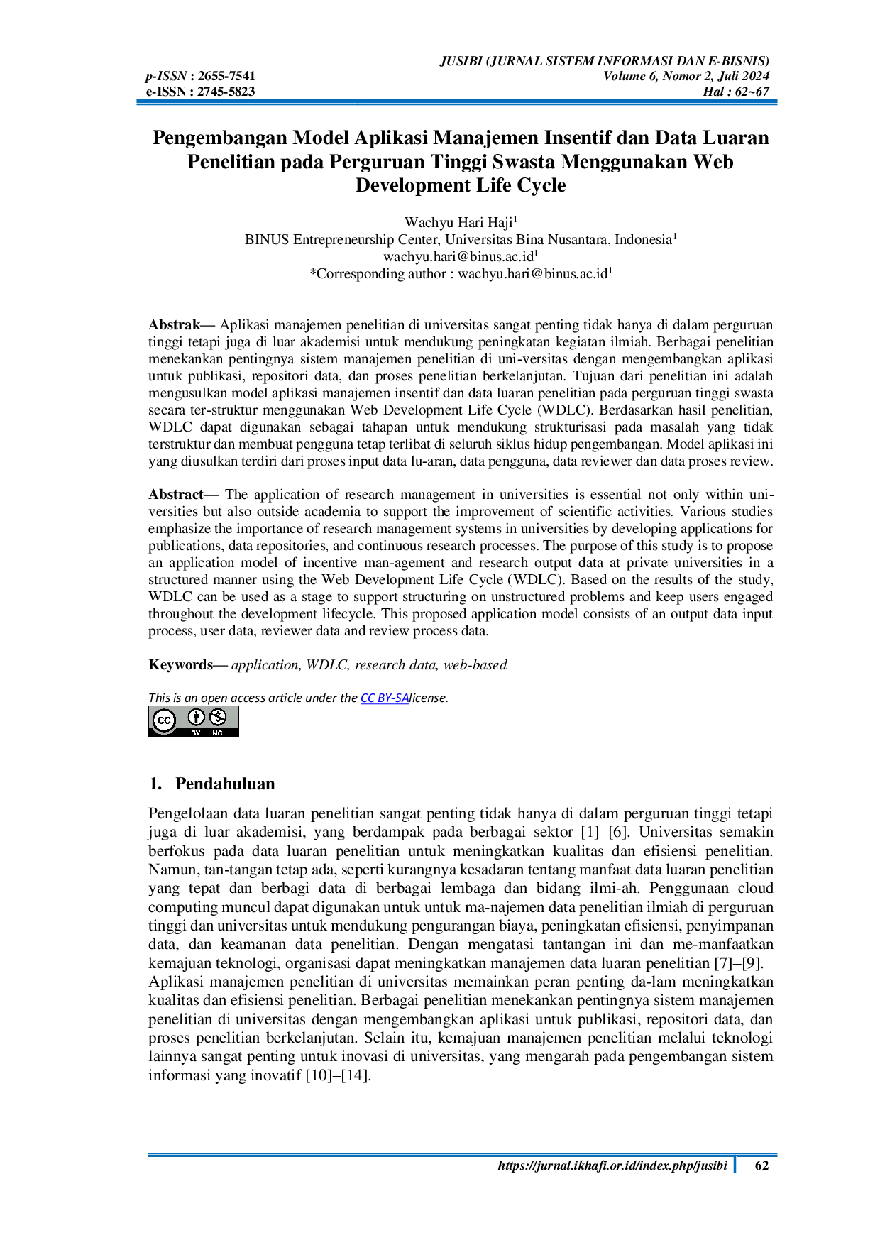 JURIS Pengembangan Model Aplikasi Manajemen Insentif dan Data Luaran Penelitian pada Perguruan Tinggi Swasta Menggunakan Web Development Life Cycle