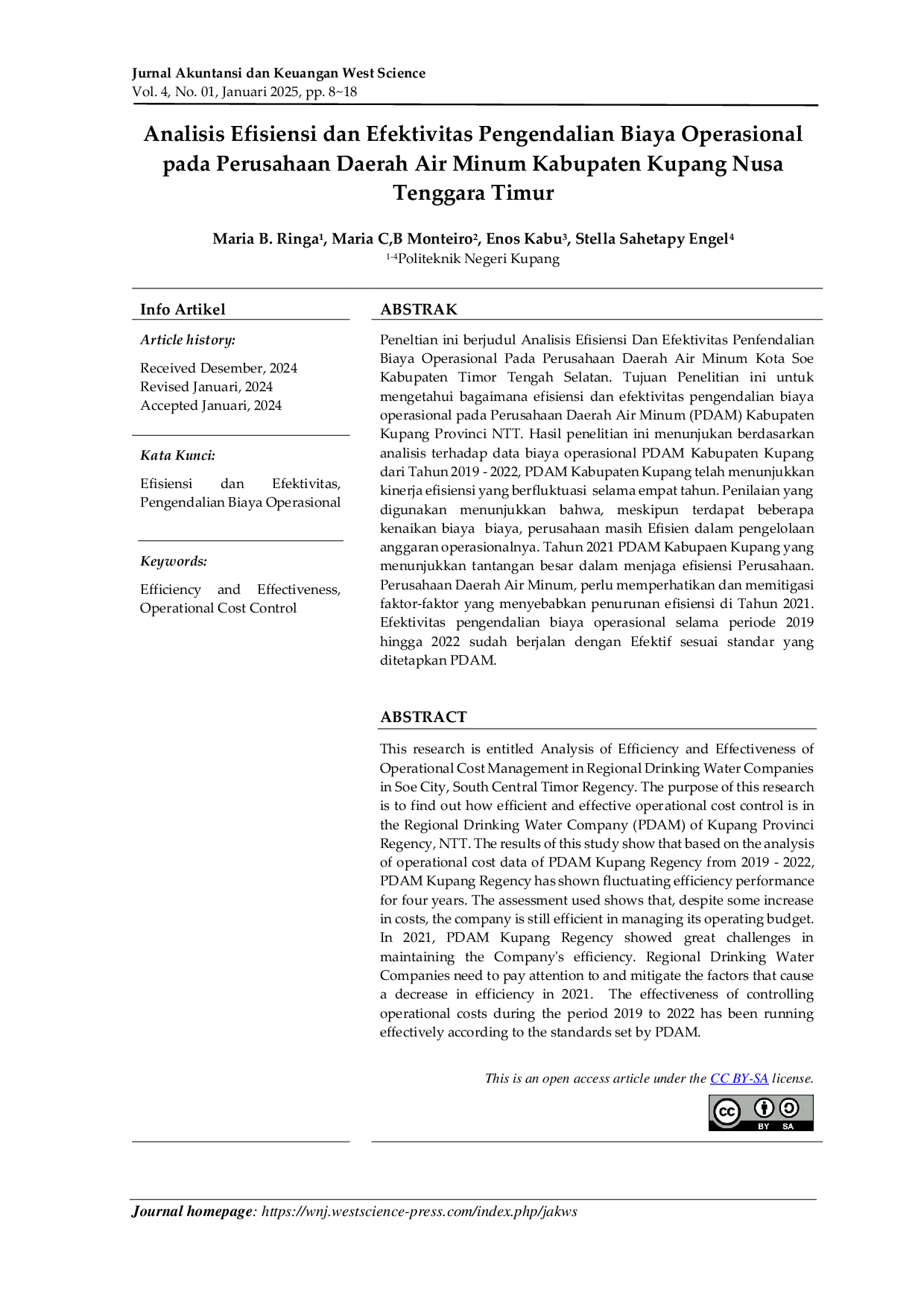JURIS Analisis Efisiensi dan Efektivitas Pengendalian Biaya Operasional pada Perusahaan Daerah Air Minum Kabupaten Kupang Nusa Tenggara Timur