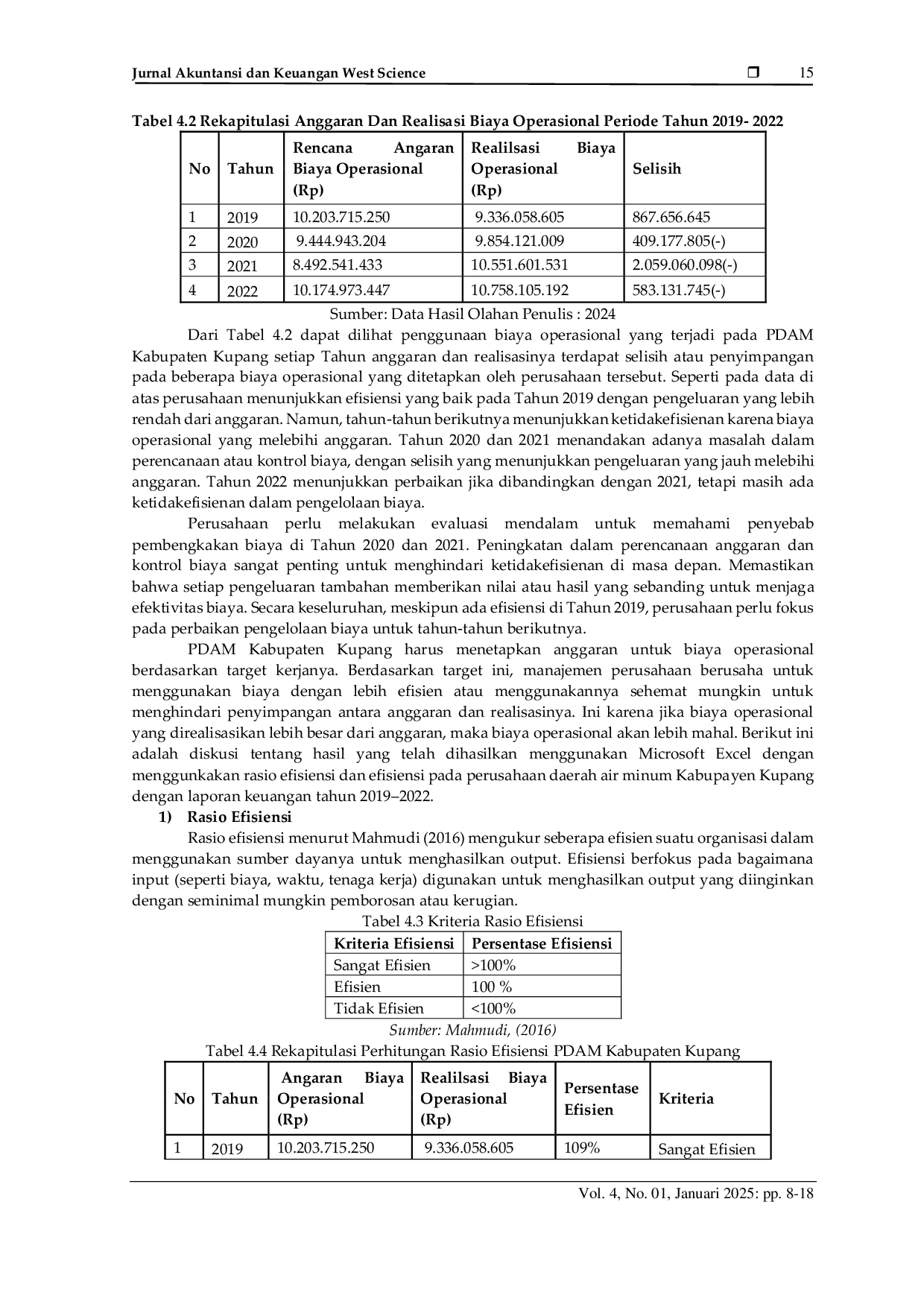 JURIS Analisis Efisiensi dan Efektivitas Pengendalian Biaya Operasional pada Perusahaan Daerah Air Minum Kabupaten Kupang Nusa Tenggara Timur