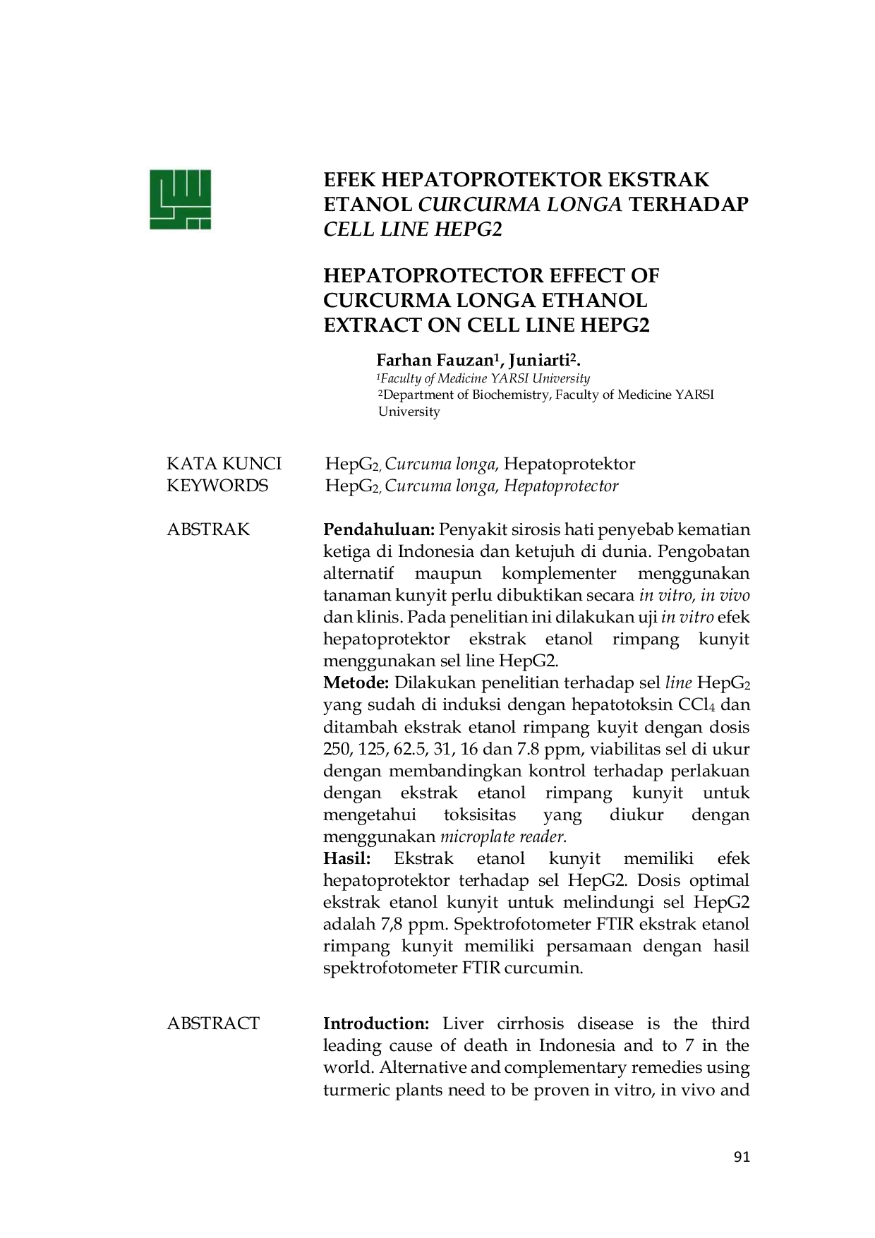 JURIS Efek Hepatoprotektor Ekstrak Etanol Curcuma Longa terhadap Cell Line HepG2