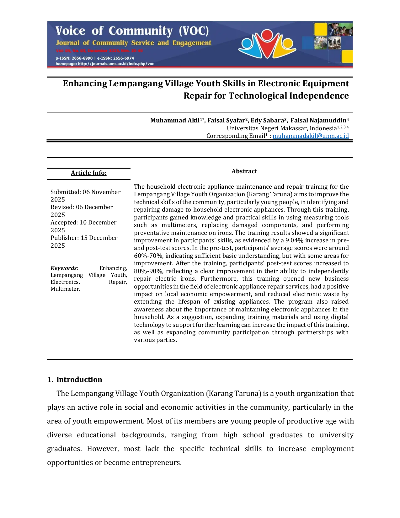 JURIS Enhancing Lempangang Village Youth Skills in Electronic Equipment Repair for Technological Independence