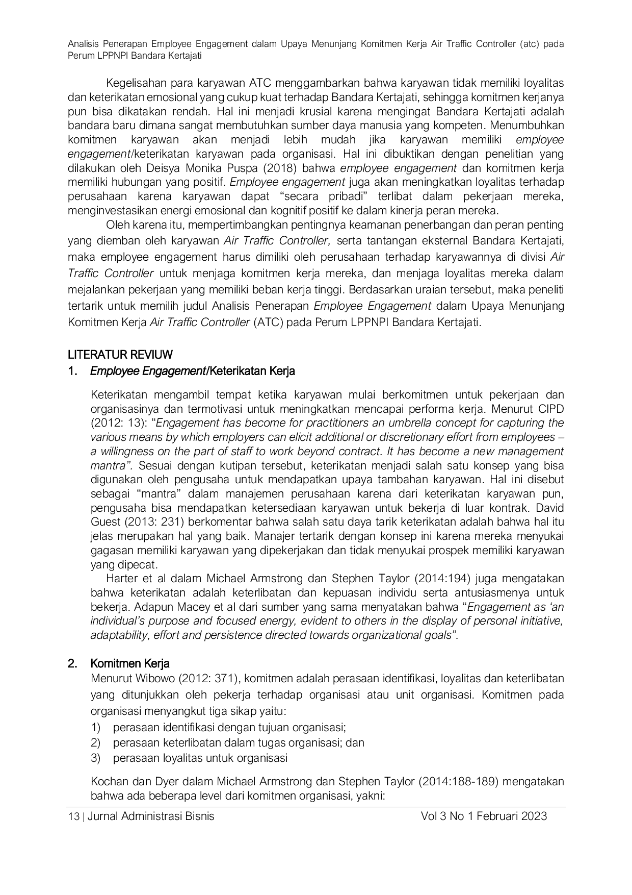 JURIS Analisis Penerapan Employee Engagement Dalam Upaya Menunjang Komitmen Kerja Air Traffic Controller Atc Pada Perum LPPNPI Bandara Kertajati