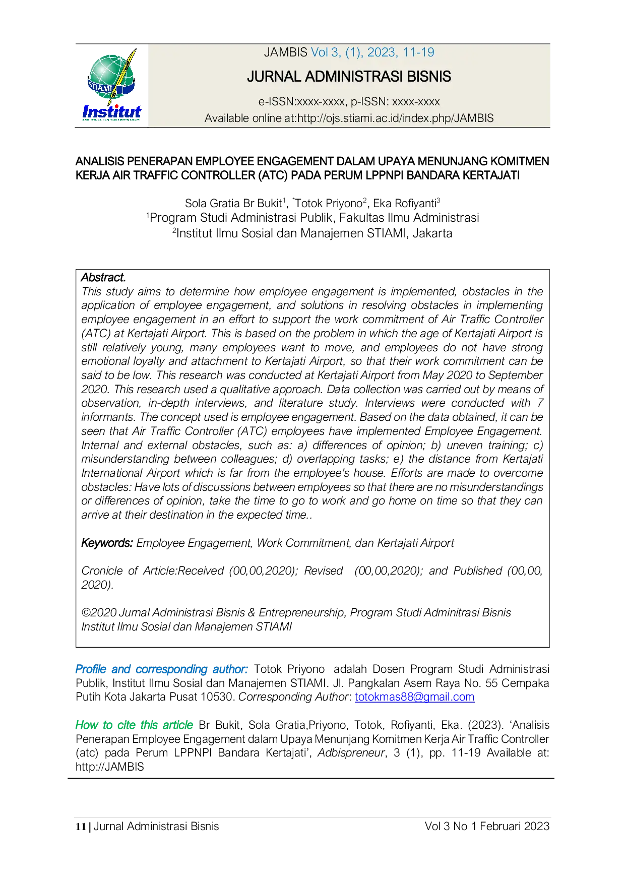 JURIS Analisis Penerapan Employee Engagement Dalam Upaya Menunjang Komitmen Kerja Air Traffic Controller Atc Pada Perum LPPNPI Bandara Kertajati