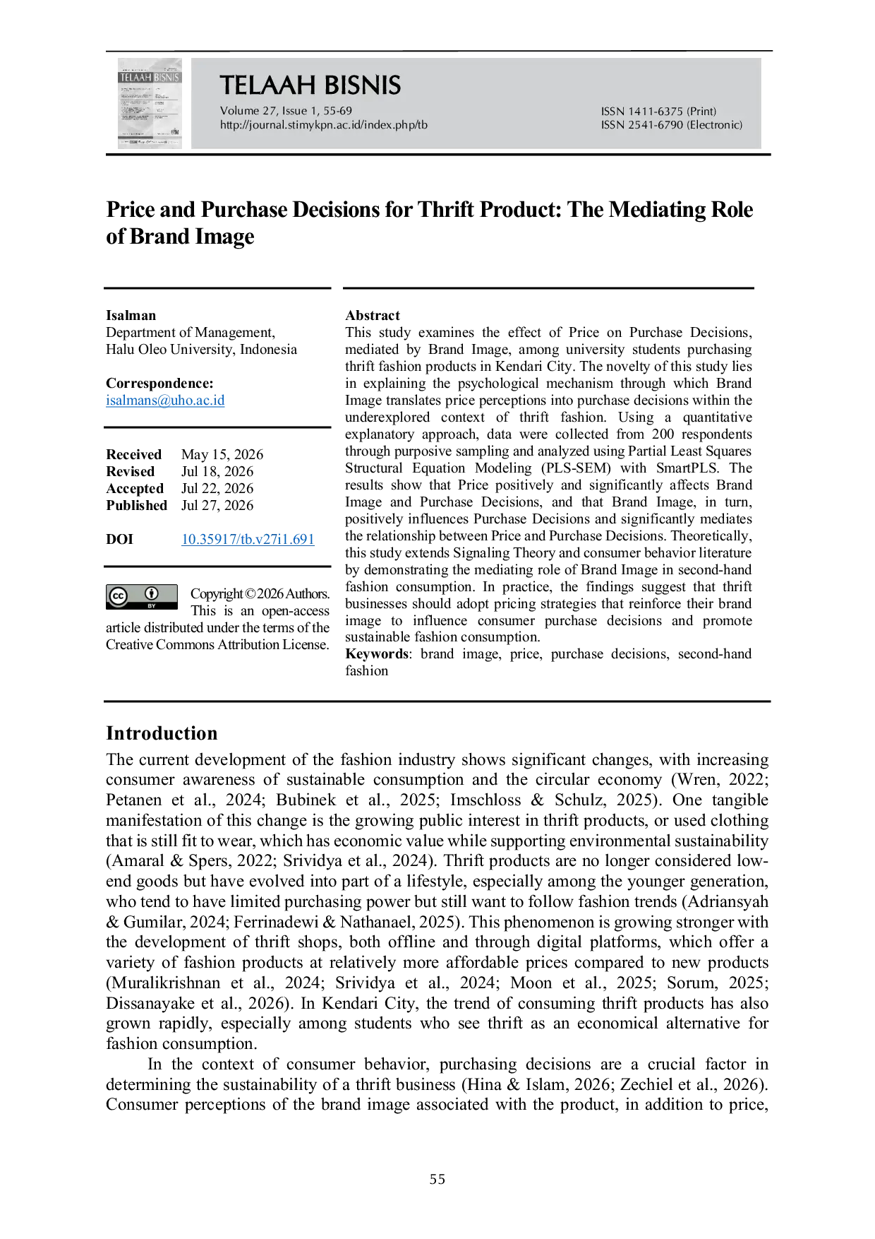 JURIS Price and Purchase Decisions for Thrift Product The Mediating Role of Brand Image