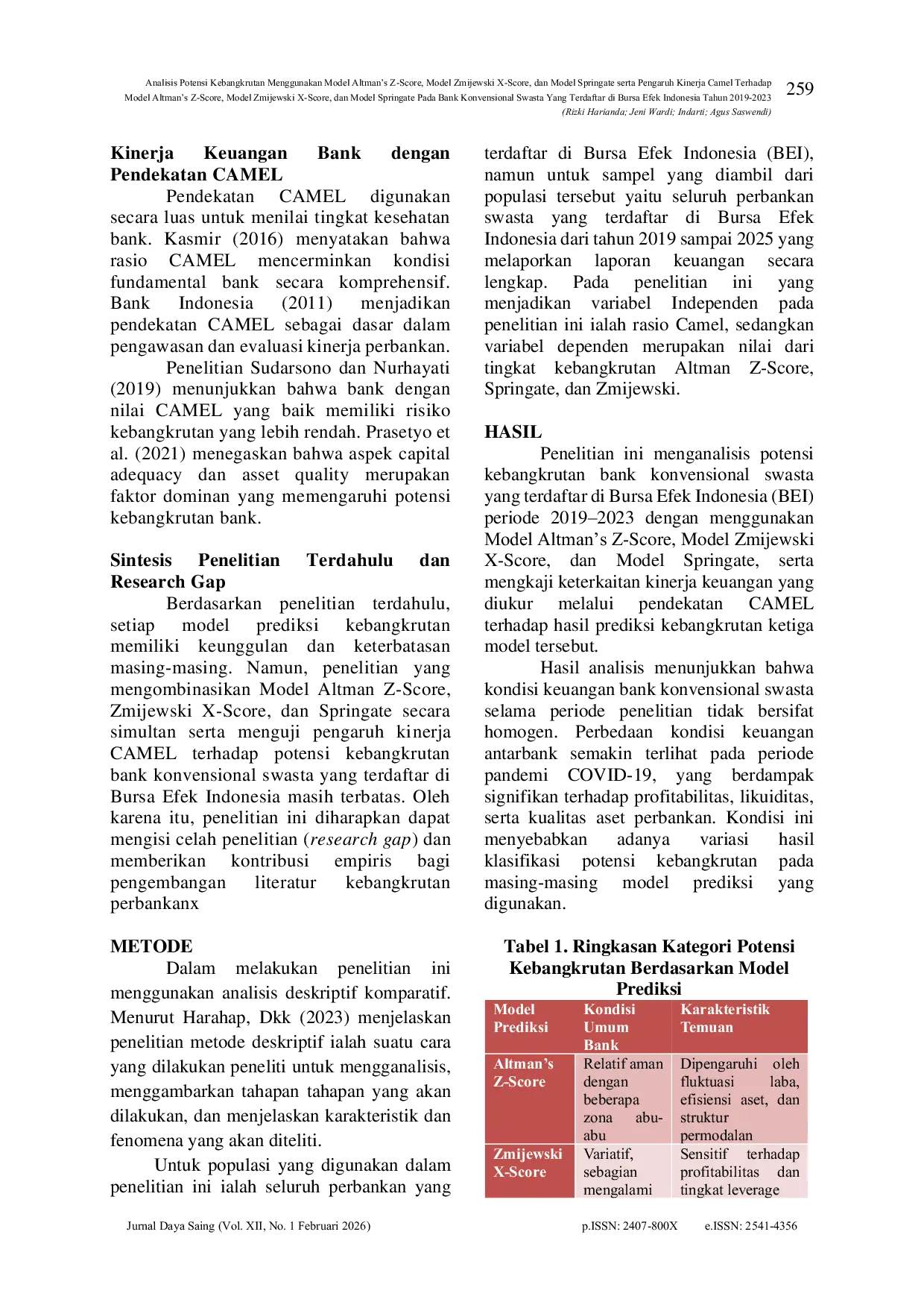 JURIS Analisis Potensi Kebangkrutan Menggunakan Model Altman s Z Score Model Zmijewski X Score dan Model Springate Serta Pengaruh Kinerja Camel Terhadap Model Altman s Z Score Model Zmijewski X Score da