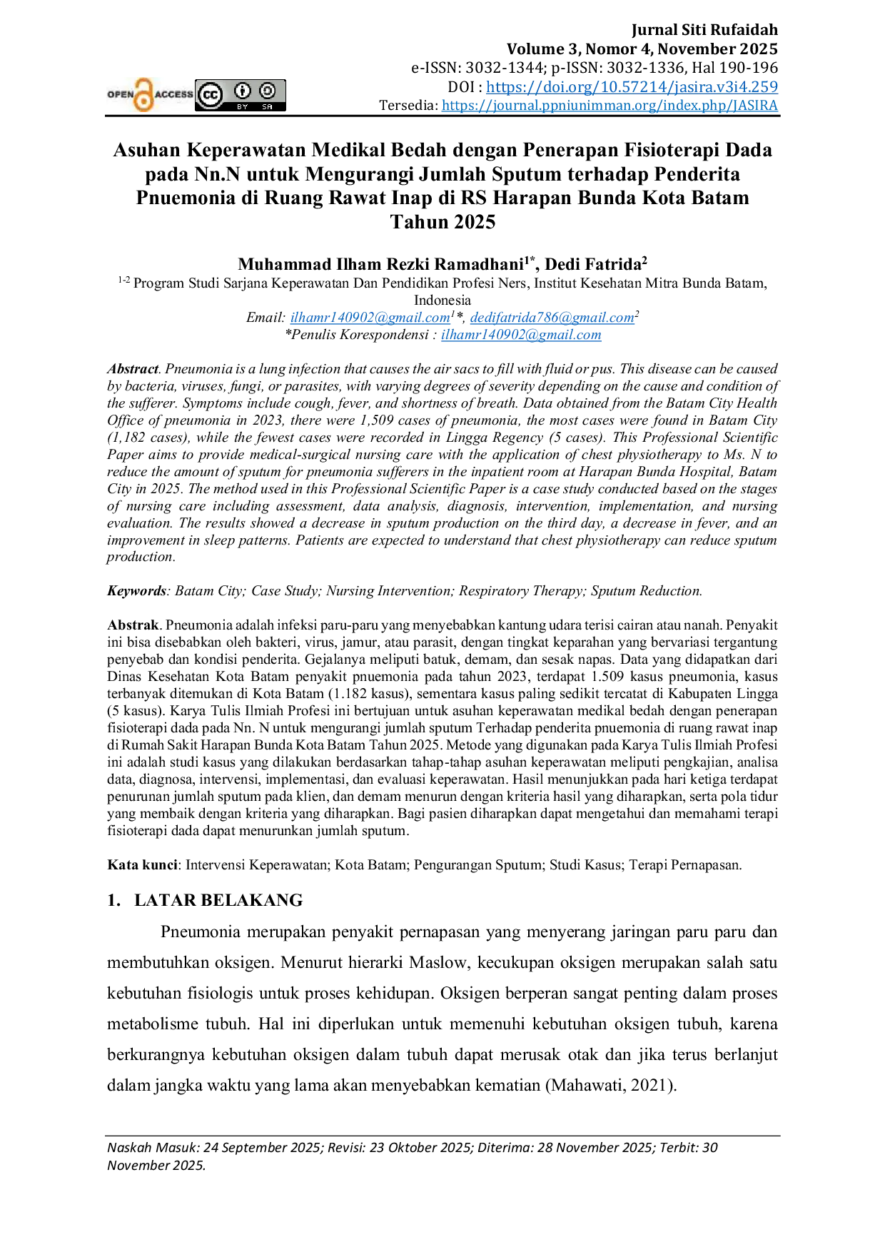 JURIS Asuhan Keperawatan Medikal Bedah dengan Penerapan Fisioterapi Dada pada Nn N untuk Mengurangi Jumlah Sputum terhadap Penderita Pnuemonia di Ruang Rawat Inap di RS Harapan Bunda Kota Batam Tahun 2025