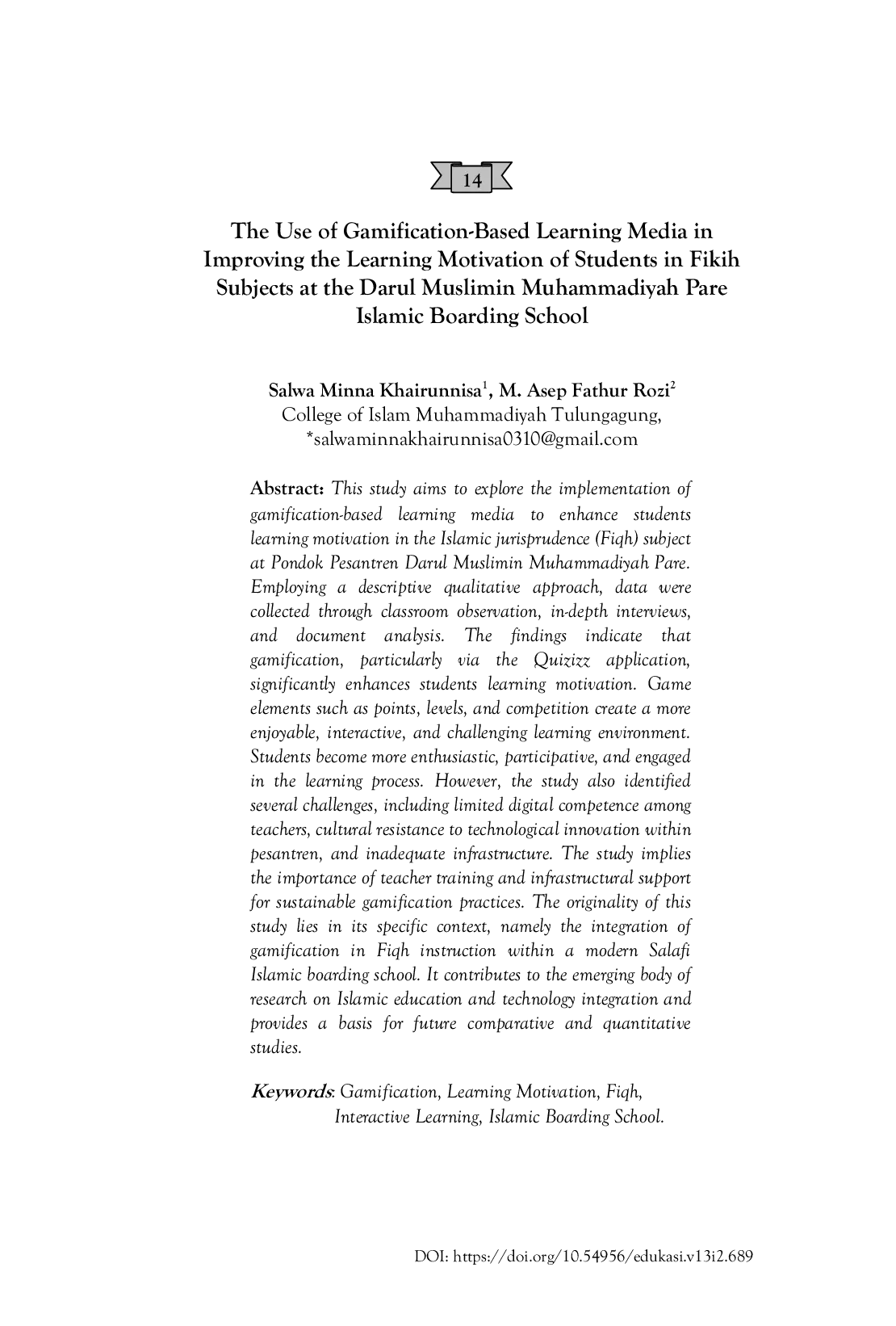 JURIS The Use of Gamification Based Learning Media in Improving the Learning Motivation of Students in Fikih Subjects at the Darul Muslimin Muhammadiyah Pare Islamic Boarding School