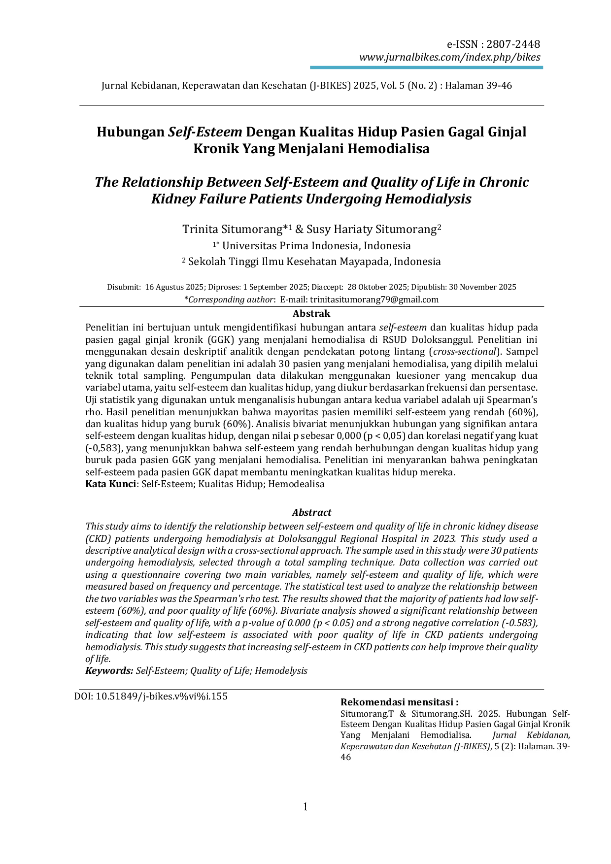 JURIS Hubungan Self Esteem Dengan Kualitas Hidup Pasien Gagal Ginjal Kronik Yang Menjalani Hemodialisa