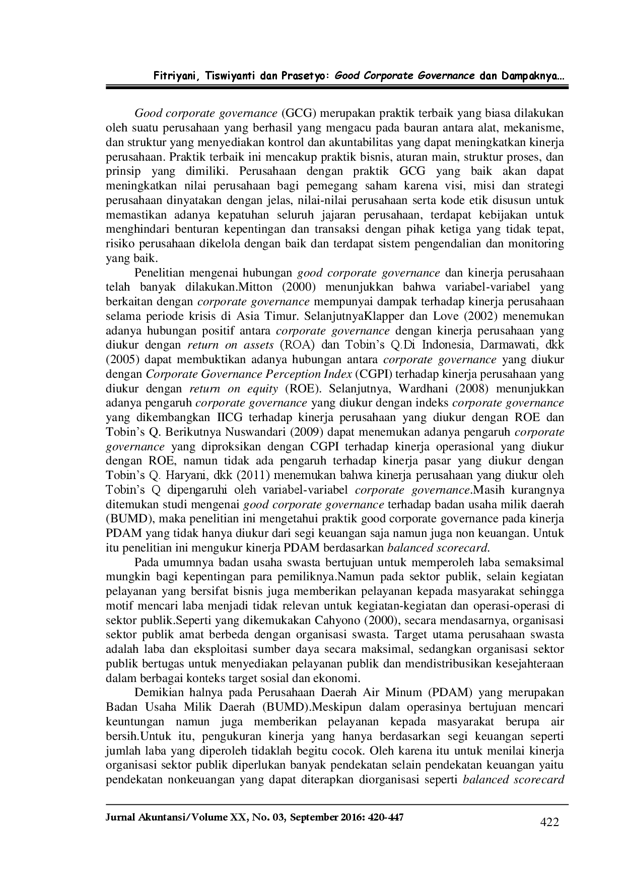 juris Good Corporate Governance dan Dampaknya Terhadap Kinerja Berdasarkan Balanced Scorecard