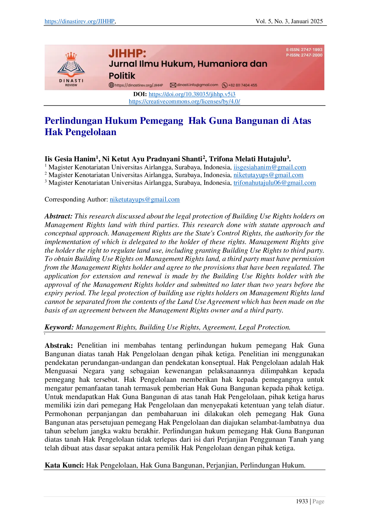 JURIS Perlindungan Hukum Pemegang Hak Guna Bangunan di Atas Hak Pengelolaan