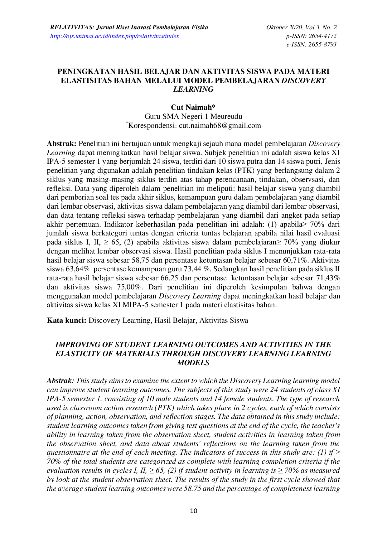 JURIS Peningkatan Hasil Belajar dan Aktivitas Siswa pada Materi Elastisitas Bahan Melalui Model Pembelajaran Discovery Learning