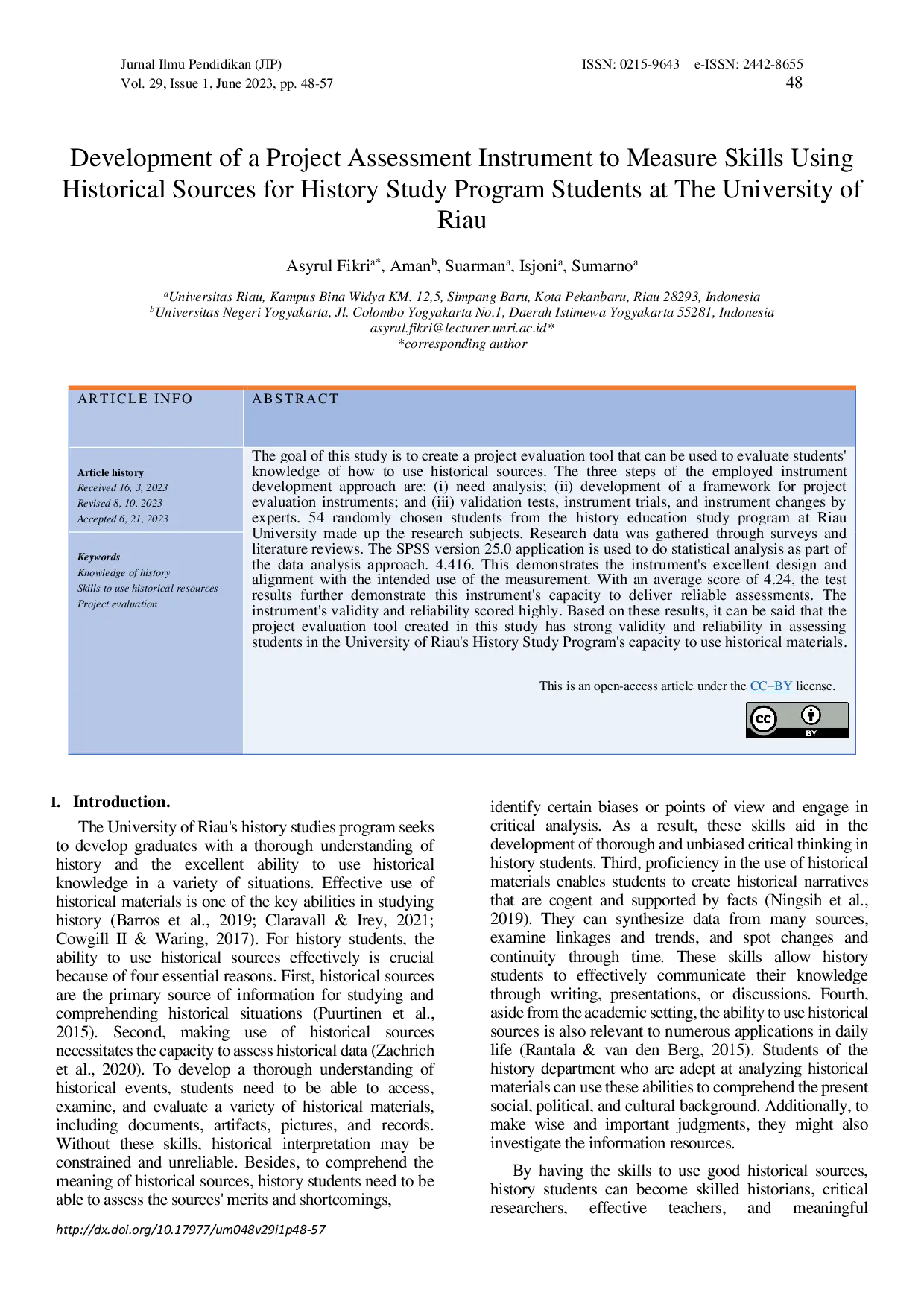 JURIS Development of a project assessment instrument to measure skills using historical sources for history study program students at the University of Riau