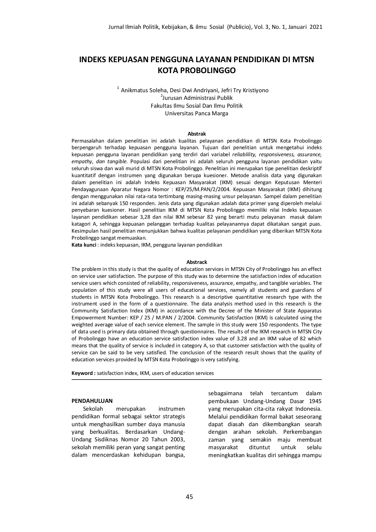 JURIS Indeks Kepuasan Pengguna Layanan Pendidikan Di Mtsn Kota Probolinggo