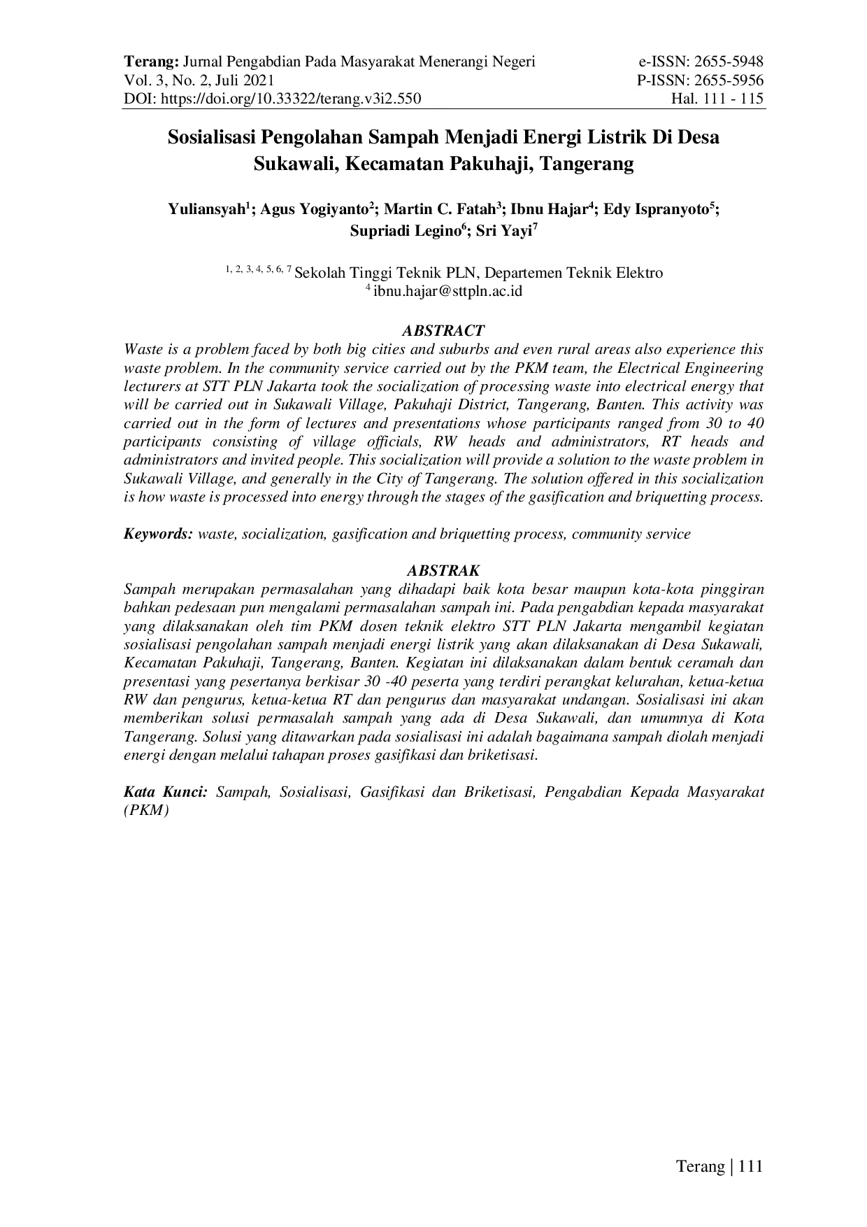 JURIS Sosialisasi Pengolahan Sampah Menjadi Energi Listrik di Desa Sukawali Kecamatan Pakuhaji Tangerang