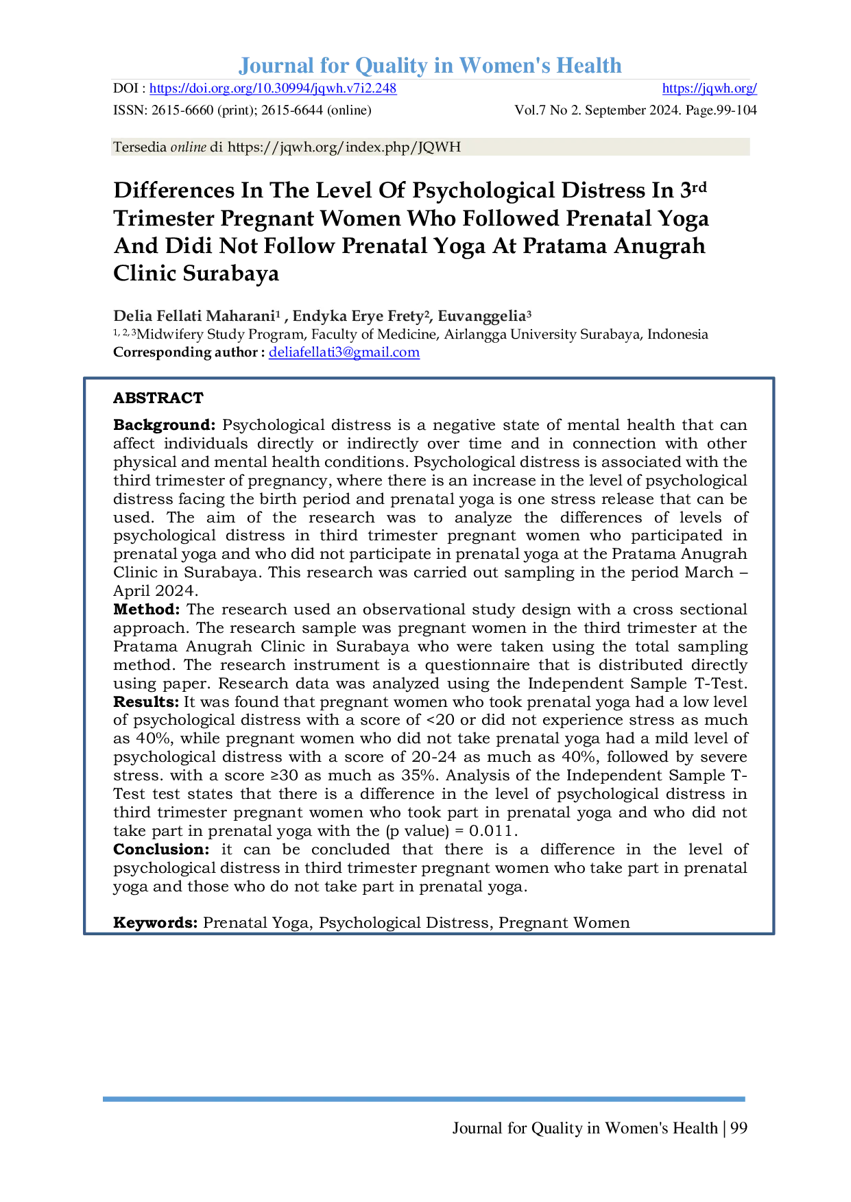 JURIS Differences In The Level Of Psychological Distress In 3rd Trimester Pregnant Women Who Followed Prenatal Yoga And Didi Not Follow Prenatal Yoga At Pratama Anugrah Clinic Surabaya
