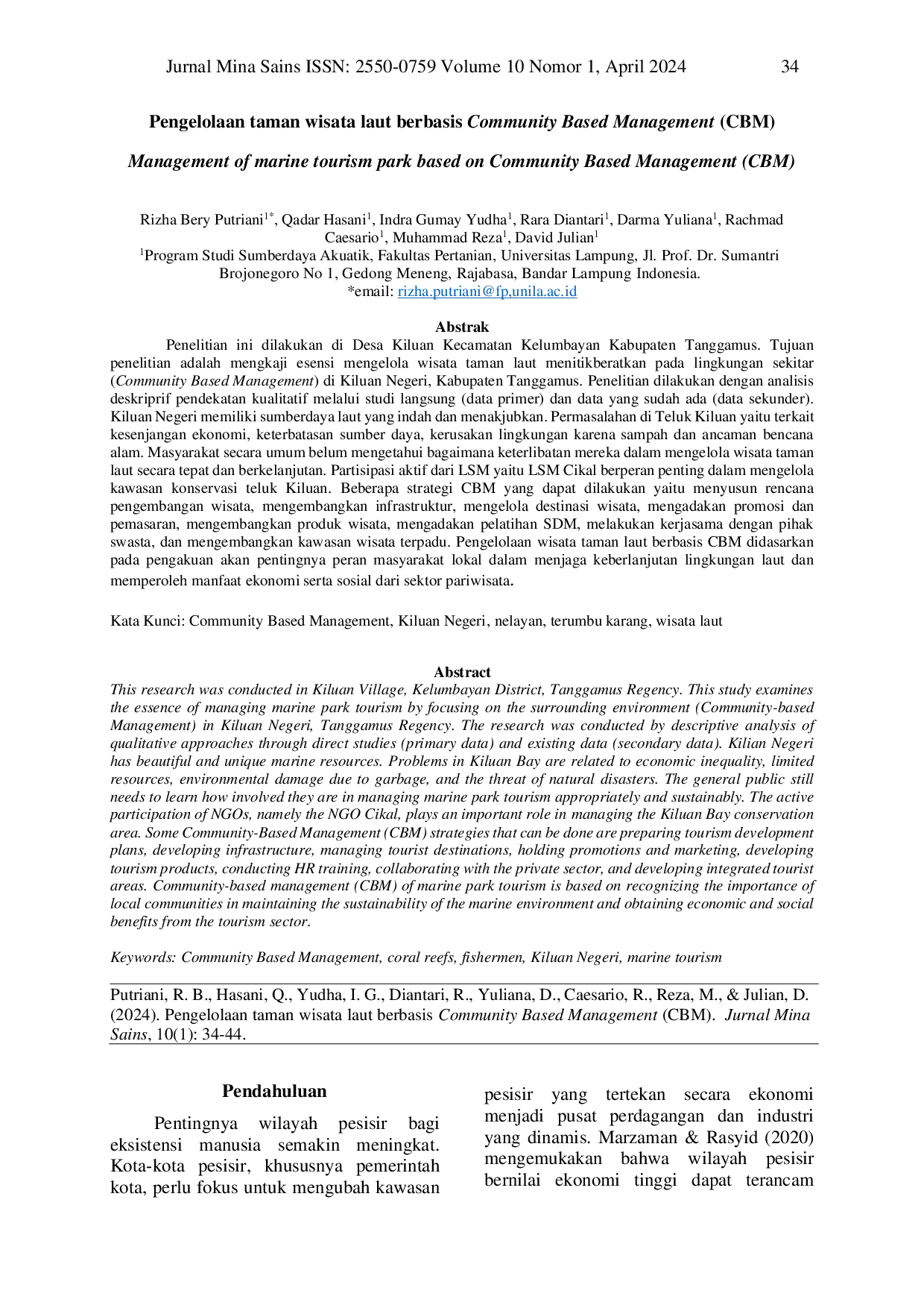JURIS Management of marine tourism park based on Community Based Management CBM