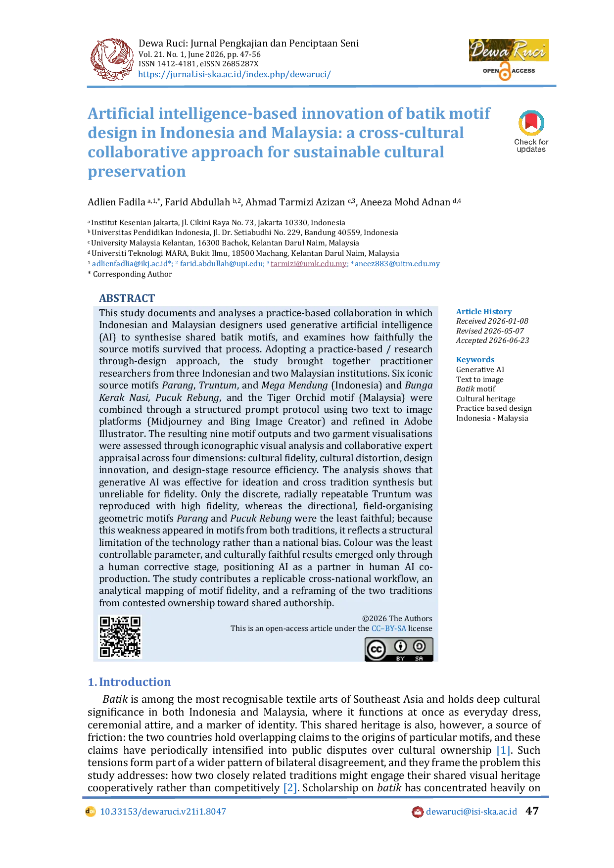 JURIS Artificial intelligence based innovation of batik motif design in Indonesia and Malaysia a cross cultural collaborative approach for sustainable cultural preservation