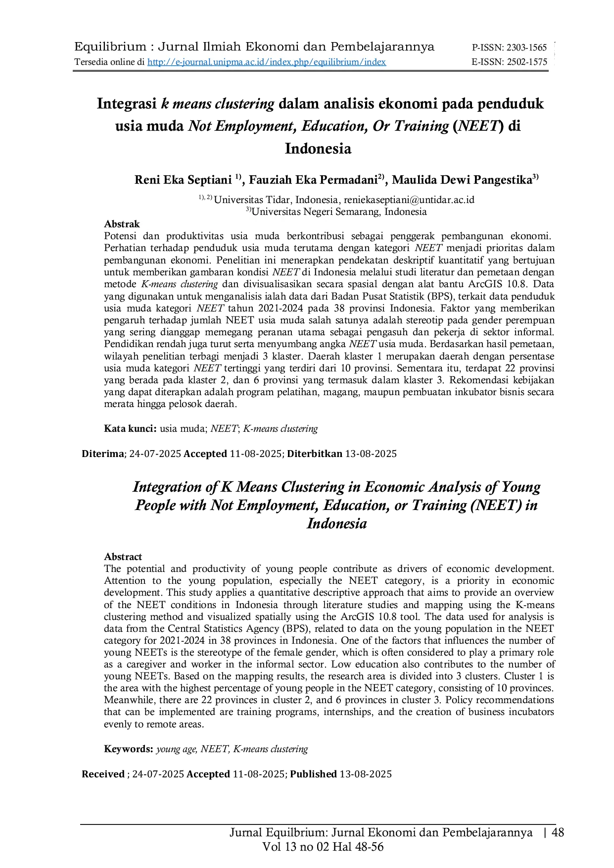 JURIS Integrasi k means clustering dalam analisis ekonomi pada penduduk usia muda Not Employment Education Or Training NEET di Indonesia