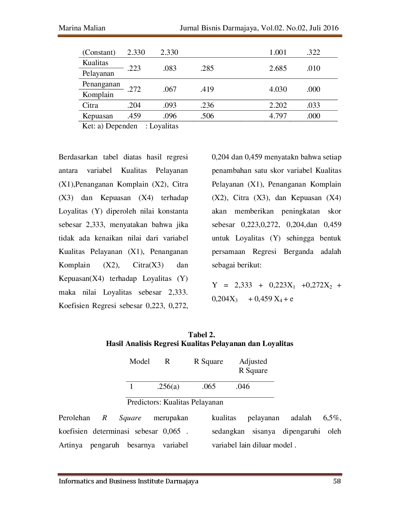 juris Pengaruh Kualitas Pelayanan Penanganan Komplain Citra dan Kepuasan Terhadap Bank BRI Unit Kebun Bunga Palembang