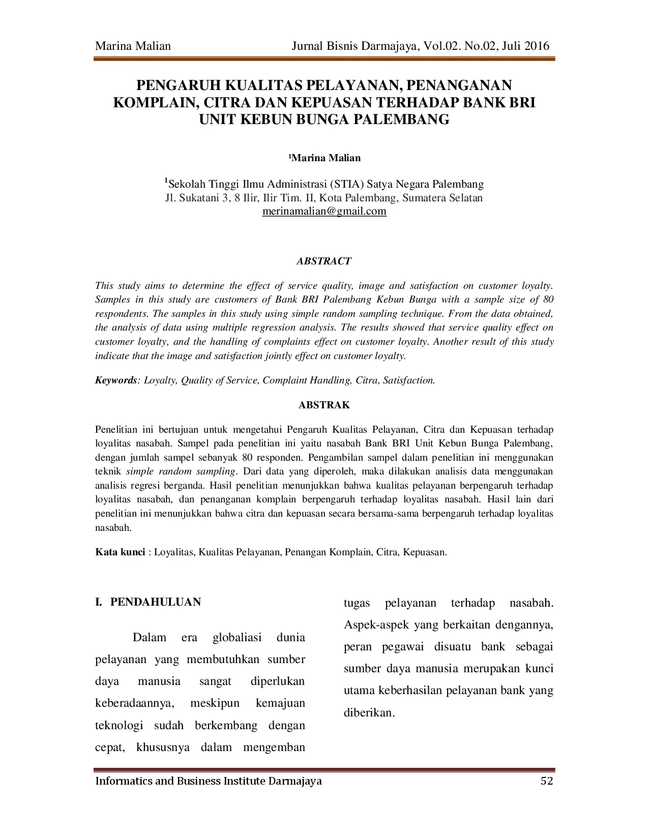 juris Pengaruh Kualitas Pelayanan Penanganan Komplain Citra dan Kepuasan Terhadap Bank BRI Unit Kebun Bunga Palembang