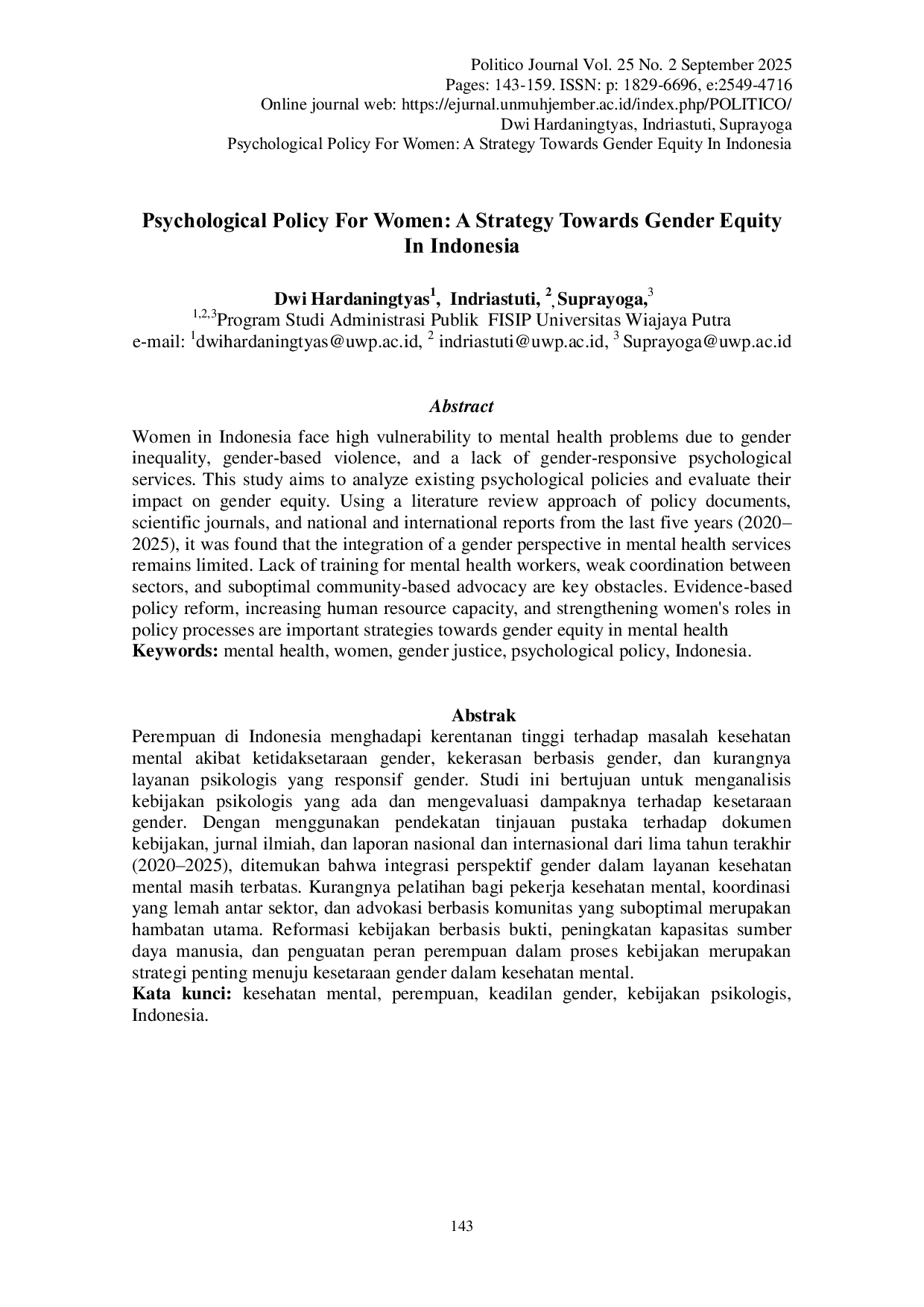 JURIS Psychological Policy For Women A Strategy Towards Gender Equity in Indonesia