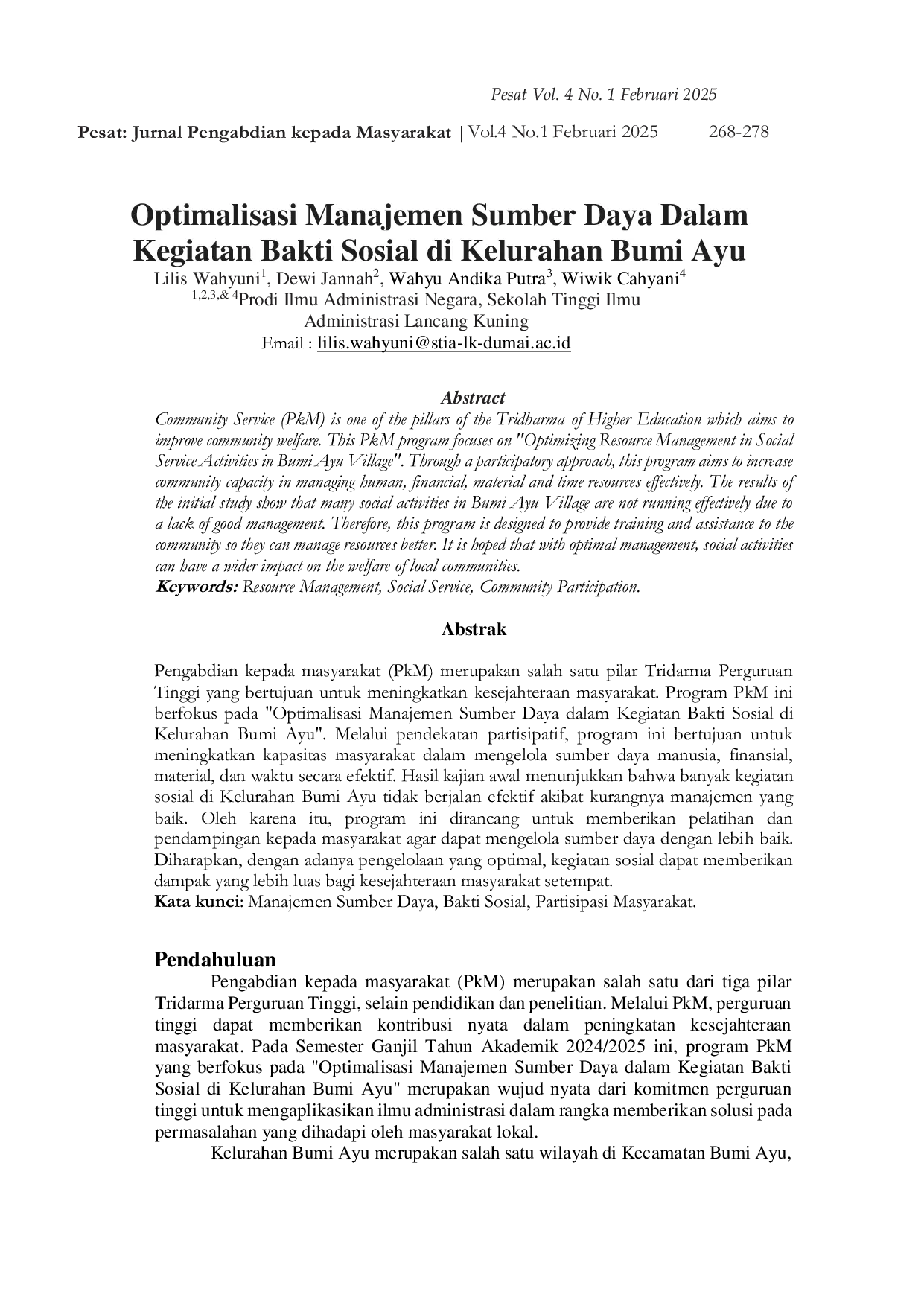 JURIS Optimalisasi Manajemen Sumber Daya Dalam Kegiatan Bakti Sosial di Kelurahan Bumi Ayu