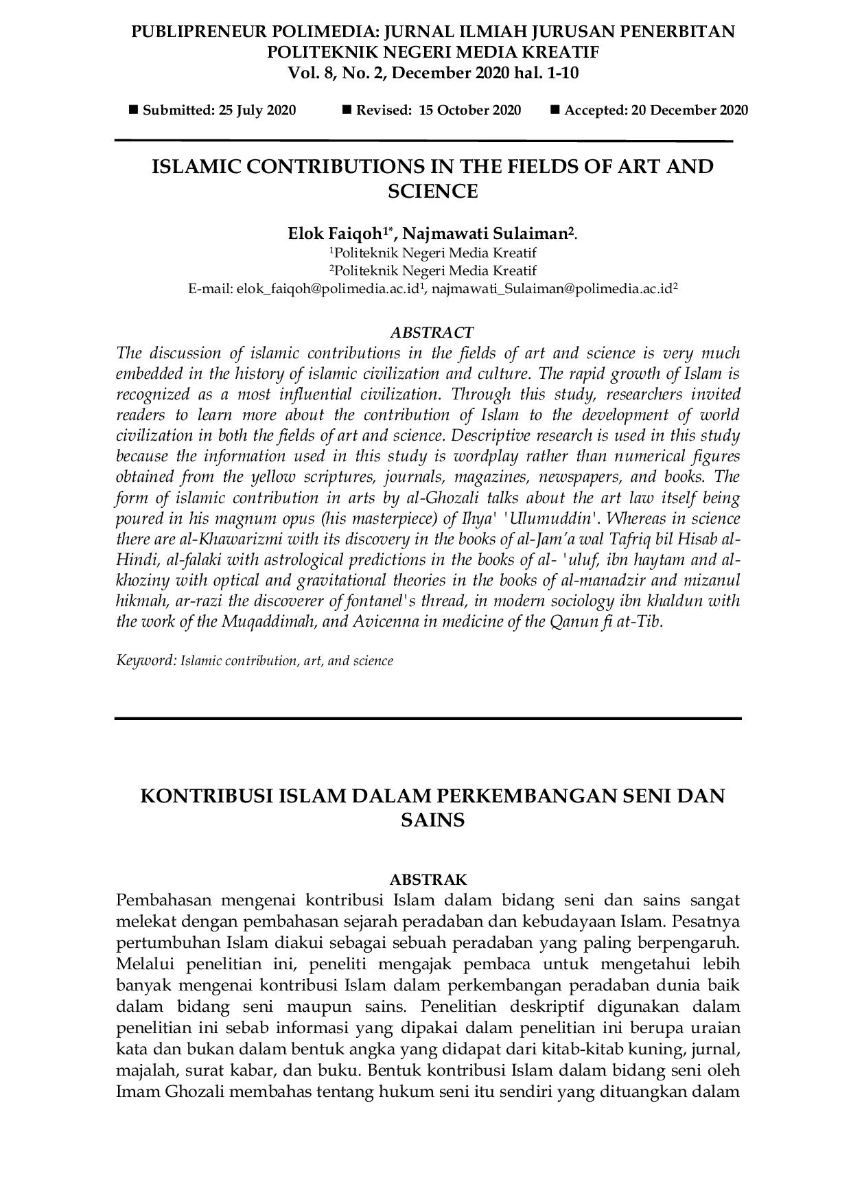 JURIS Islamic Contributions in the Fields of Art and Science