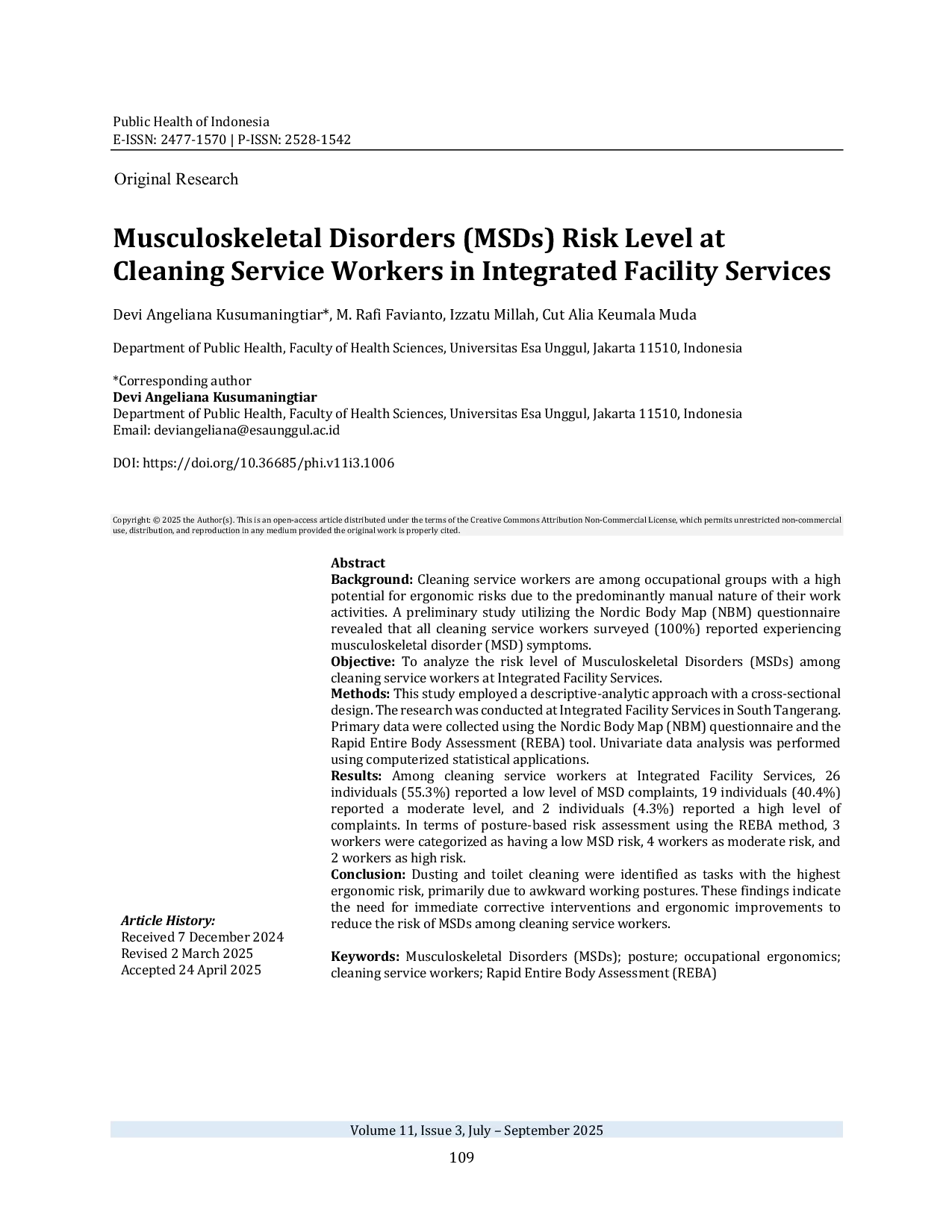 JURIS Musculoskeletal Disorders MSDs Risk Level at Cleaning Service Workers in Integrated Facility Services