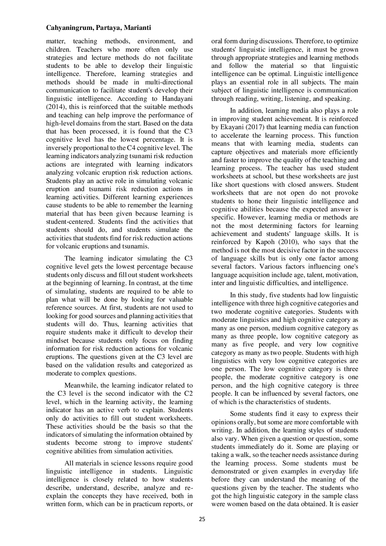 JURIS The Relationship Between Linguistic Intelligence and Students Cognitive Abilities in the Sub Concepts of Disaster Response Actions