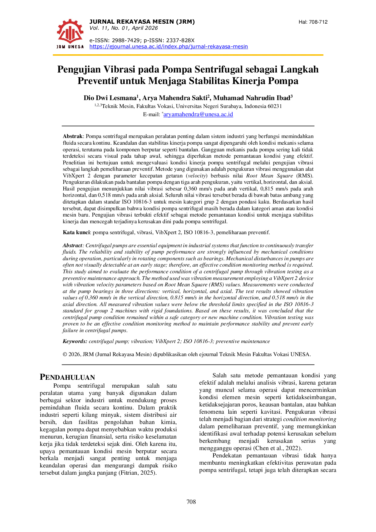JURIS A Pengujian Vibrasi Pada Pompa Sentrifugal Sebagai Langkah Preventif Untuk Menjaga Stabilitas Kinerja Pompa