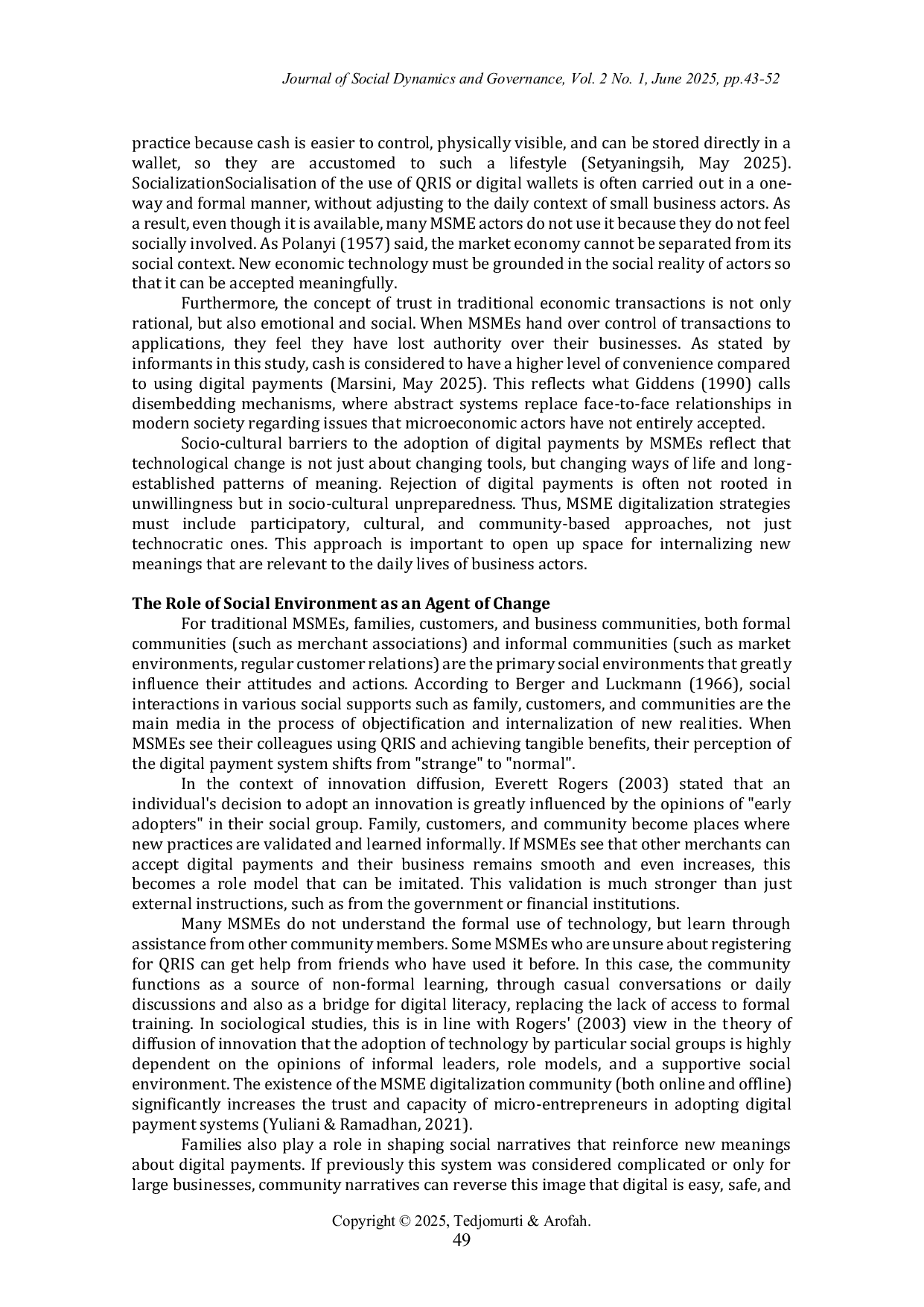 JURIS Social Construction of Traditional MSME Actors Towards QRIS Digital Payment Adoption in Surabaya