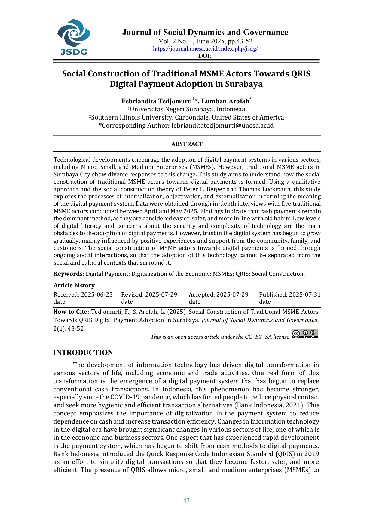 JURIS Social Construction of Traditional MSME Actors Towards QRIS Digital Payment Adoption in Surabaya