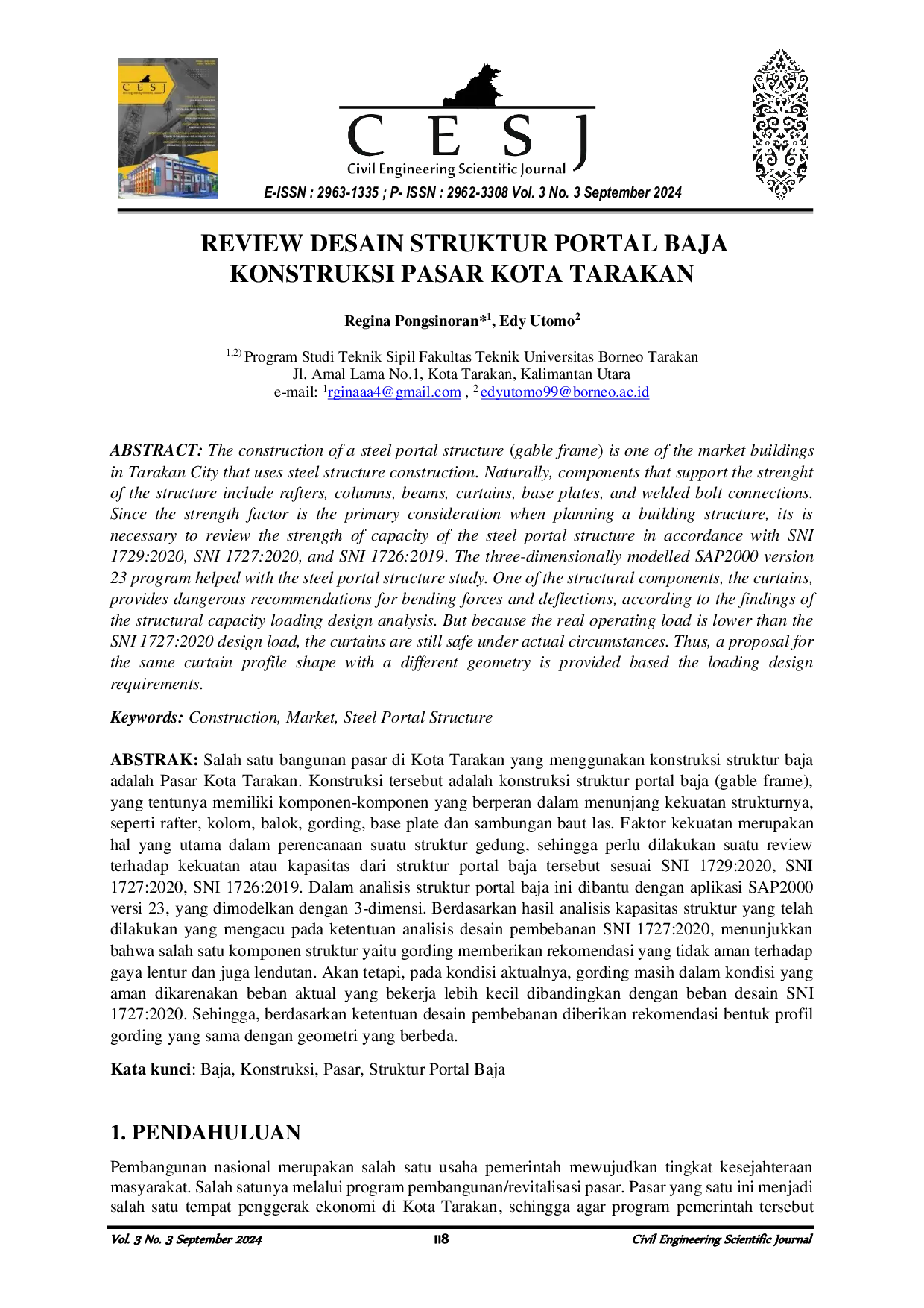JURIS Review Desain Struktur Portal Baja Konstruksi Pasar Kota Tarakan